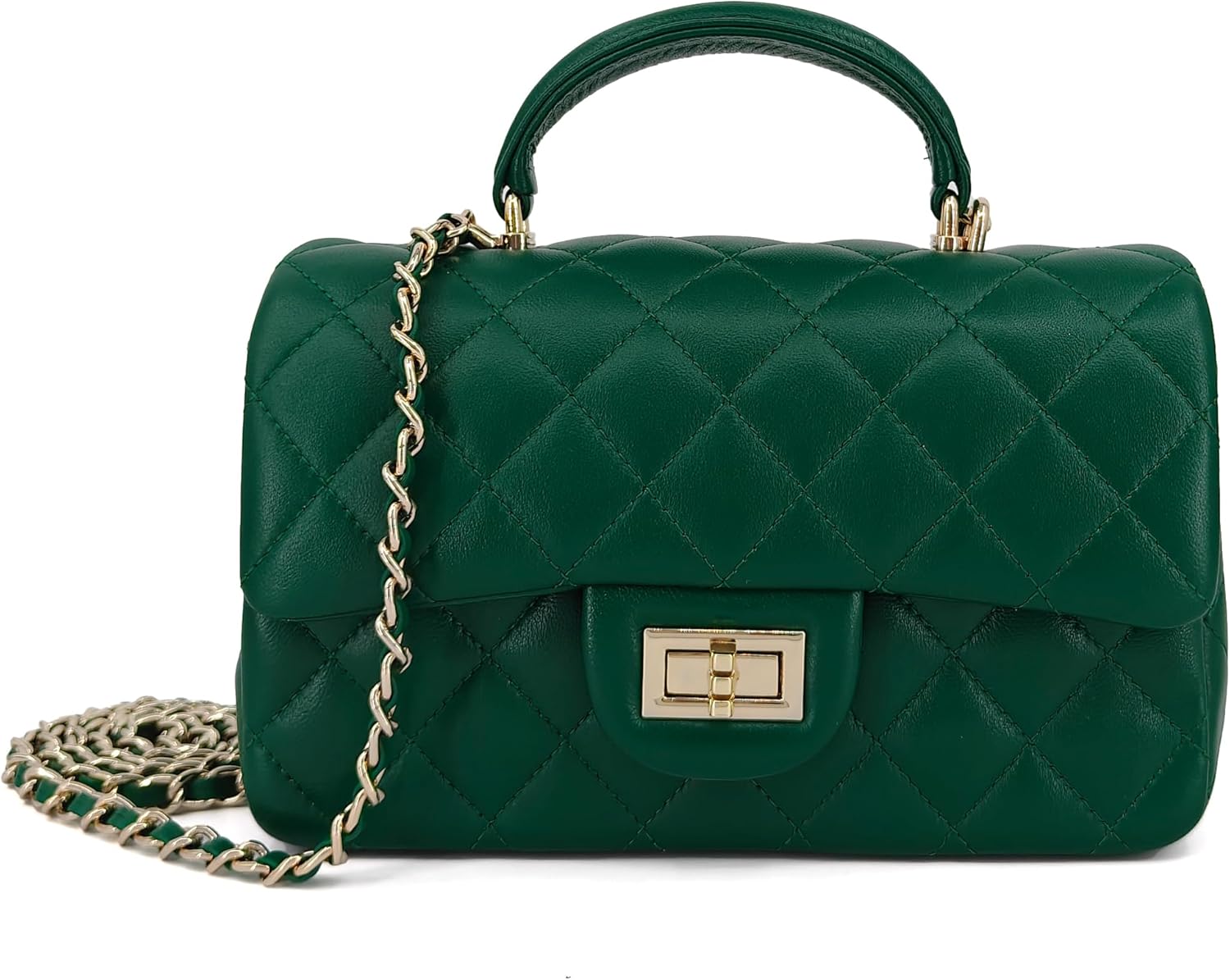 Small Quilted Crossbody Bag for Women, Genuine Leather Mini Shoulder Flap Purse with Gold Chain Strap & Top Handle