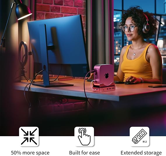 Phixero Mac Mini M4 Hub & Stand with NVMe SSD Enclosure | M4 Mac Mini Dock Up to 10Gbps Supports 2 USB-A & USB-A Data Port & SD Card Reader