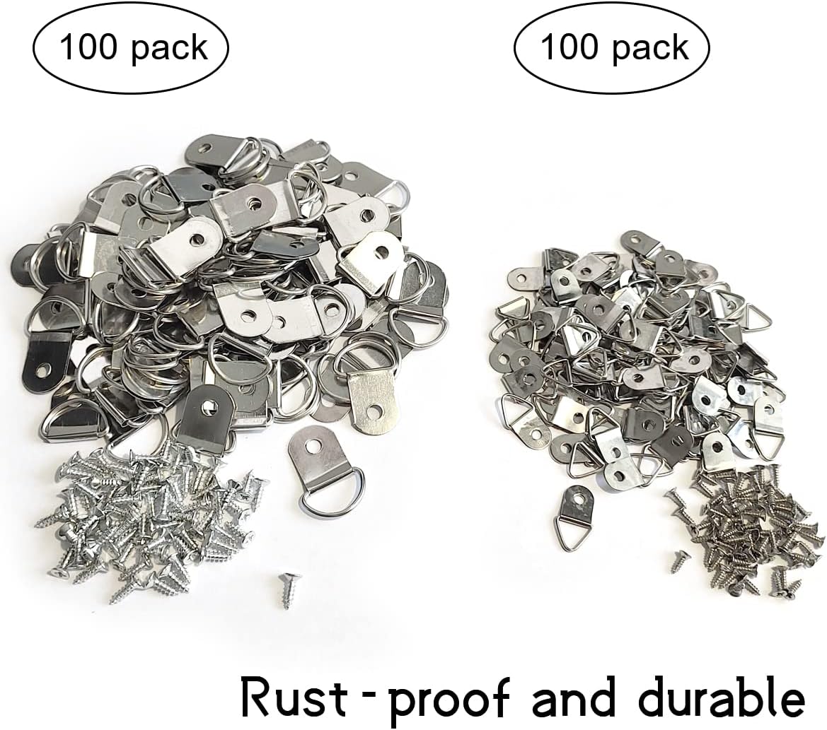 200 Pcs Heavy Duty D-Rings Picture Hangers, Double Hole D-Rings with Screws Bulk for Hanging Photo, Paintings, Artwork, Mirror, Clock and etc (200 Screws Included) (200)