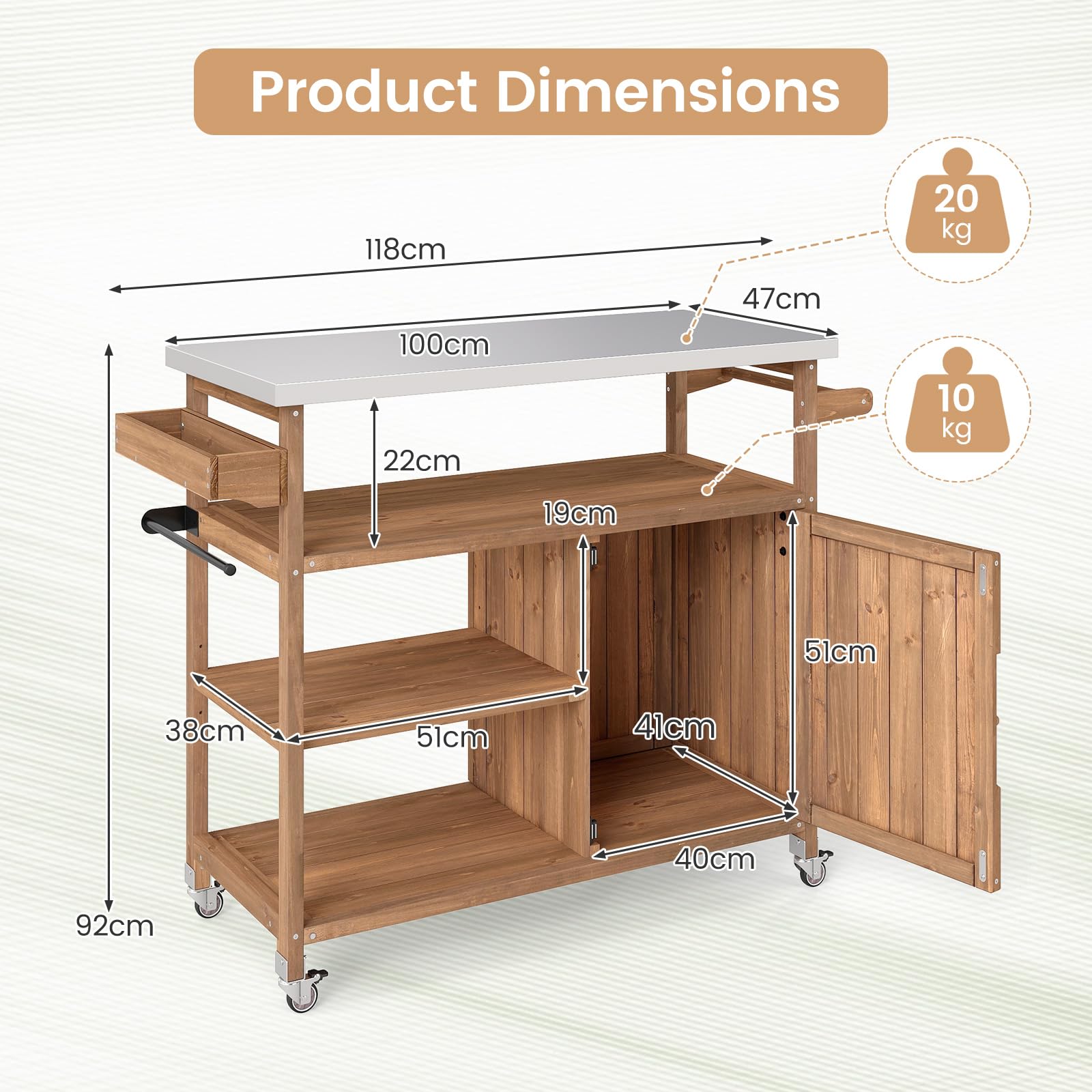 GIANTEX Grillwagen Servierwagen Outdoor, Küchenwagen auf Rollen, Kücheninsel mit Edelstahl Arbeitsplatte, Grill Beistelltisch mit Gewürzregal & Schrank & Handtuchhalter, BBQ Grillwagen,118x47x92 cm