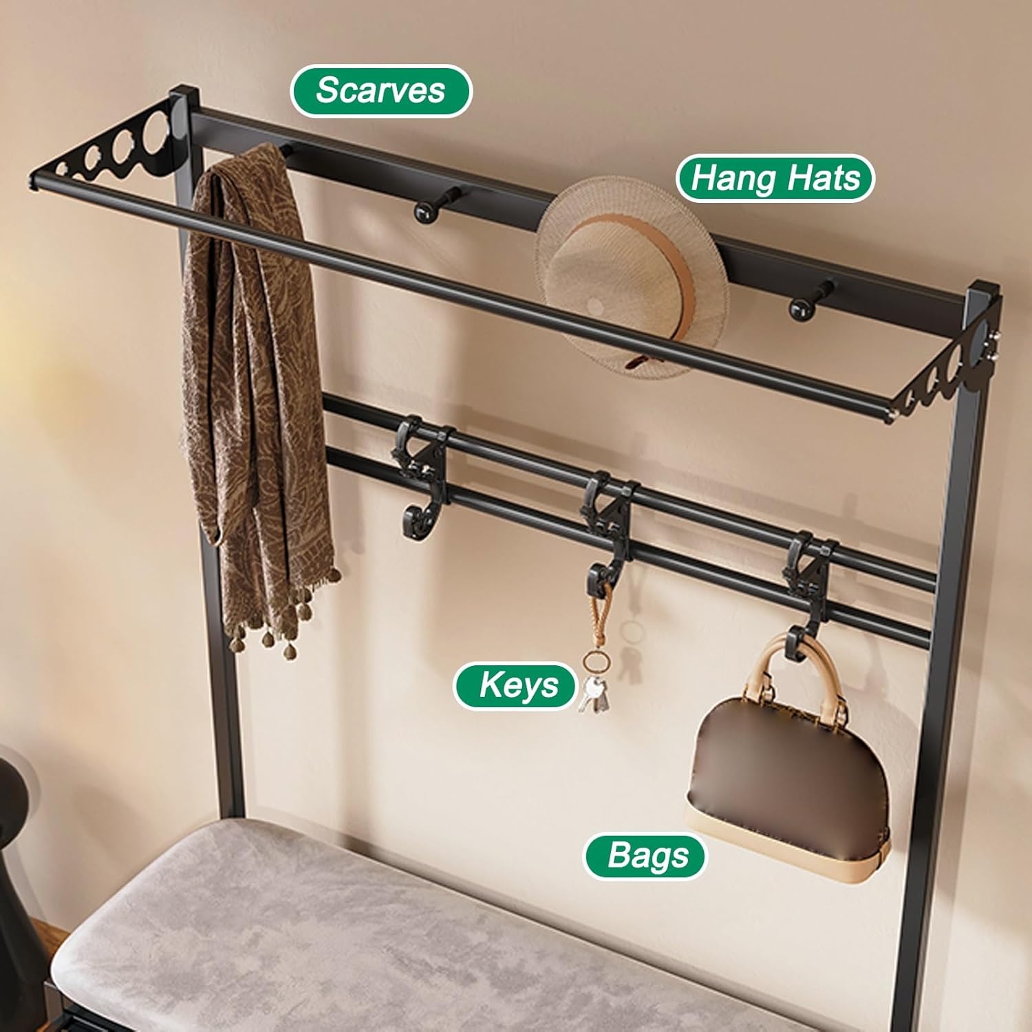 Hall Tree with Bench and Storage and 8 Hooks, Versatile Entryway Storage Bench with Coat Rack and Double-Layer Shoe Cabinet(60cm/24in)