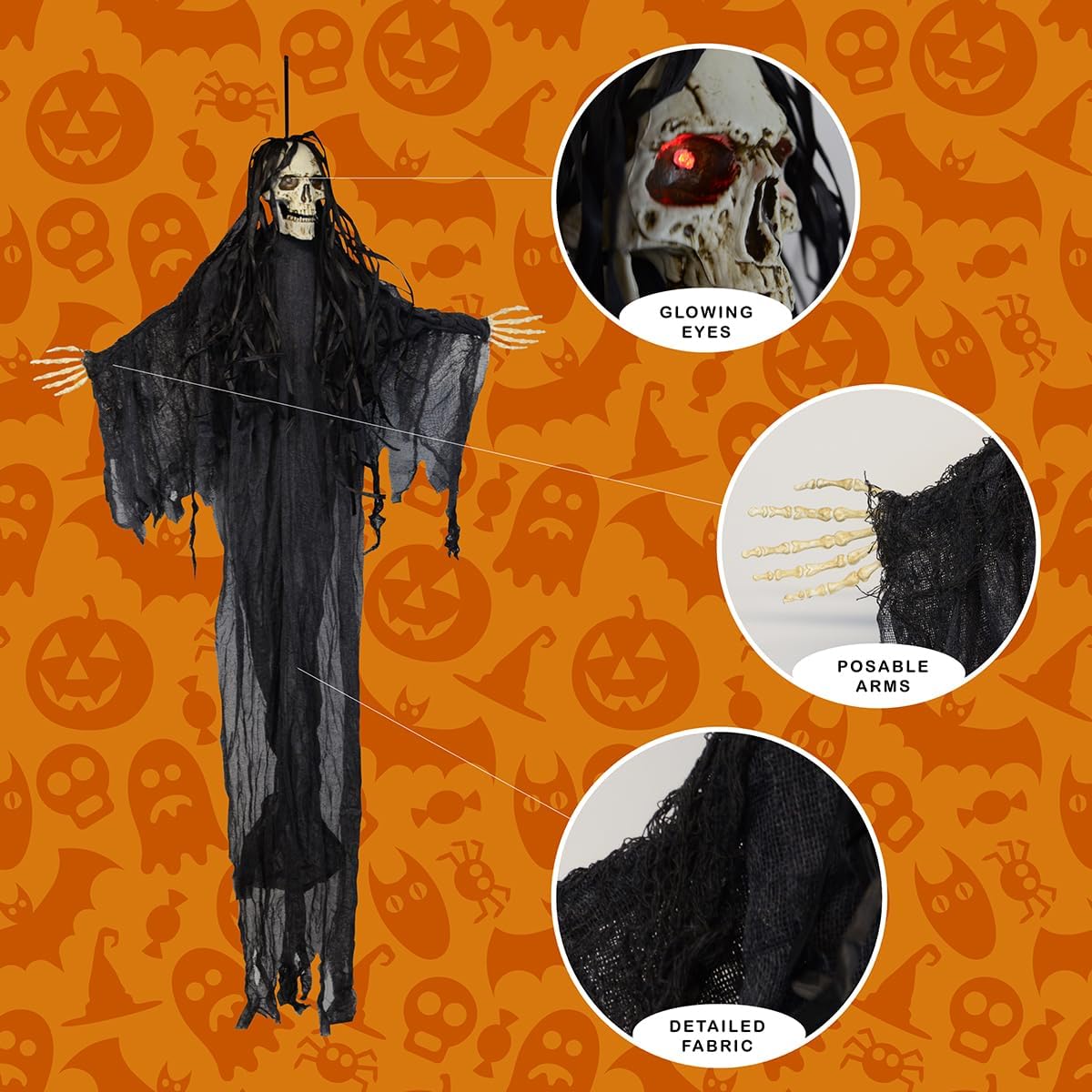 Treasure Gurus 60" Scary Animation Grim Reaper Light Up Eyes Hanging Skeleton Ghost Haunted House Outdoor Halloween Decorations