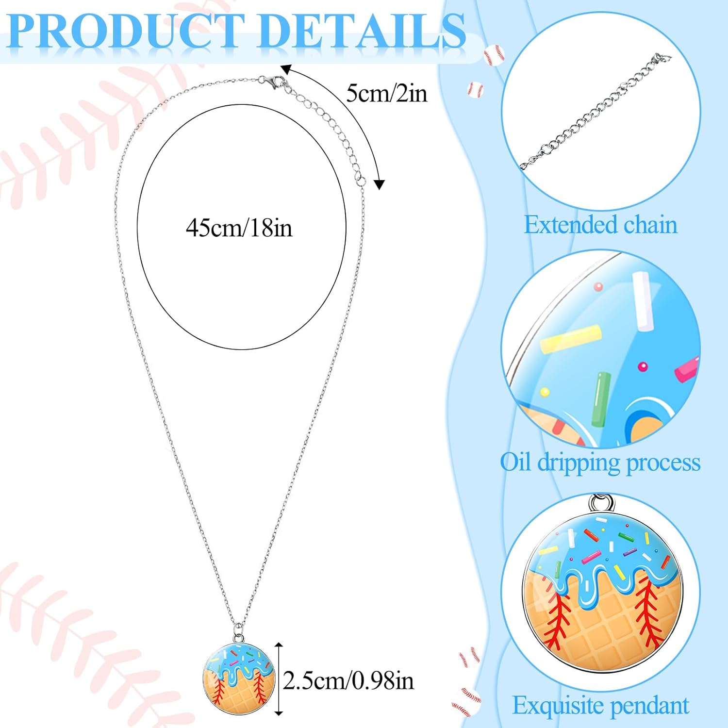 Alloy Drip Oil Ice Cream Baseball Pendant Necklace, Blue Adjustable Game Day Ice Cream Chain, Sports Necklace for Men Women Baseball Team Player Fan Sports Day Birthday Party Christmas Gift - Image 2