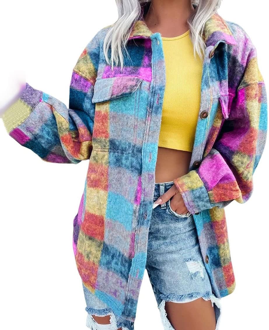 loveimgs Women Plaid Long Flannel Shacket Jacket Long Sleeve Colorful Button Down Wool Shirt Coat