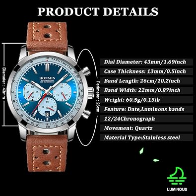 Man Luxury Watch Waterproof Chronograph Luminous Men's Wristwatch Leather Men Quartz Watches Casual Clock (Blue)