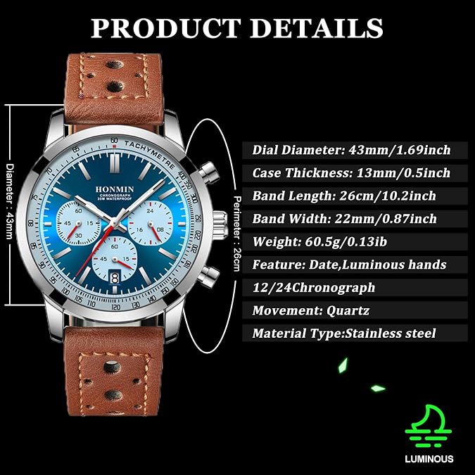 Man Luxury Watch Waterproof Chronograph Luminous Men's Wristwatch Leather Men Quartz Watches Casual Clock (Blue)