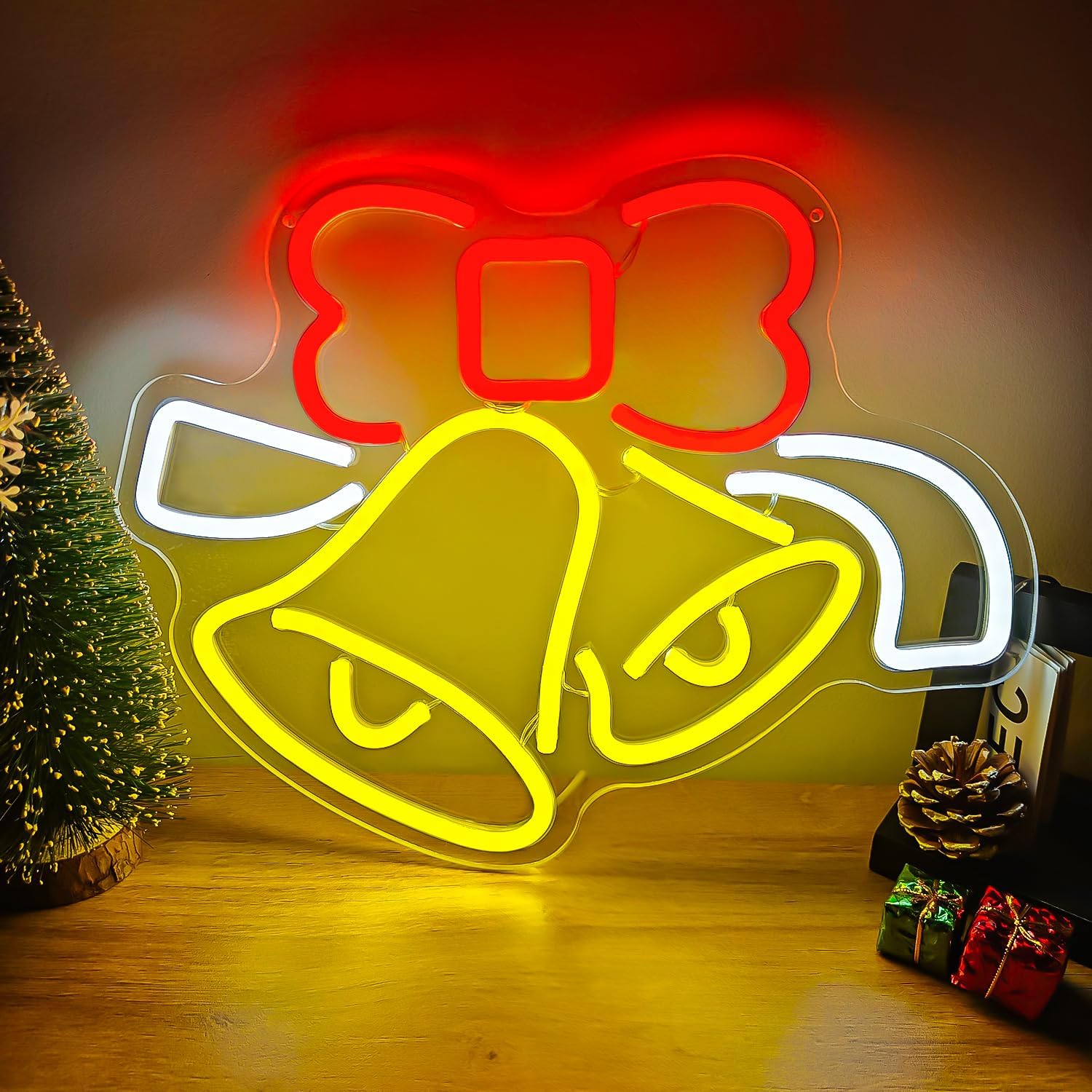 Christmas Neon Sign for Wall Decor Bell Shape Led Neon Signs Dimmable Jingle Bell Neon light for Bedroom Kids Room Bar Xmas Light up signs for Christmas Gifts Party Decor