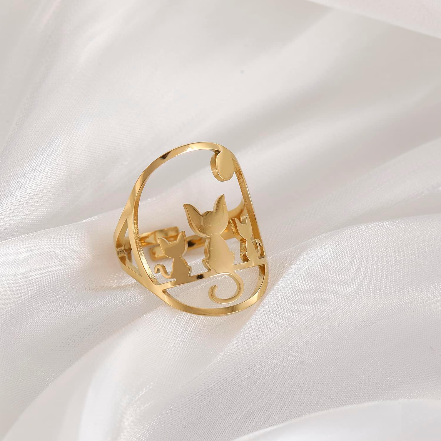 LLYANZ Stainless Steel Three Cats in the Moonlight Can Open Adjust Ring Hollow Cute Cat Rings