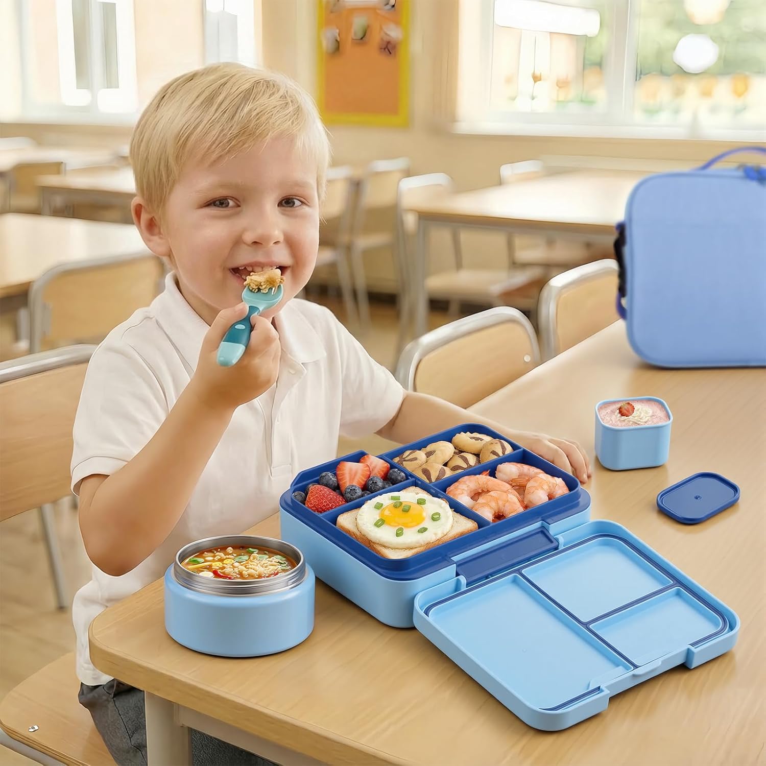 Bento Box Set with 9.5oz Soup Thermo Kids Leak-proof Lunch Box Container with 4 Compartment Stainless Steel Insulated Hot Food Jar with Bag for School Travel - Blue