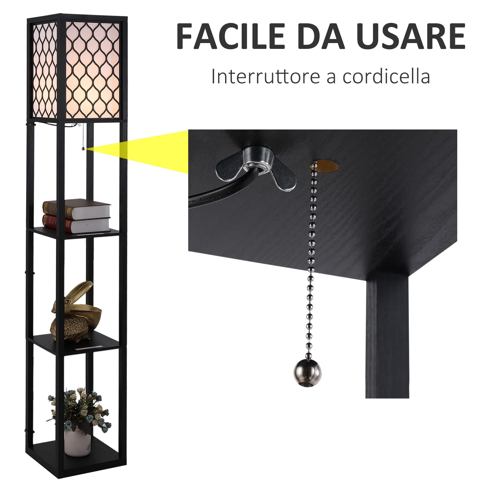 HOMCOM Lampada da Terra 2 in 1 Salvaspazio con 3 Ripiani, Lampada Moderna da Salotto, Soggiorno e Ufficio, Attacco E27, 26 x 26 x 160 cm, Nero Bianco
