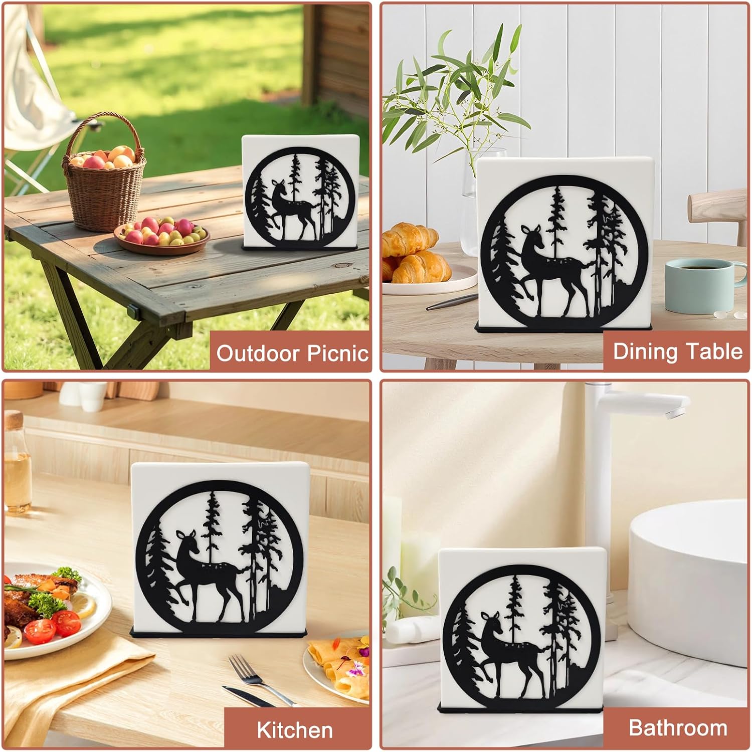 Sika Deer Design Napkin Holder for Table,Metal Standing Napkin Dispenser for 5-inch Paper Napkins,Black Metal Napkin Storage for Kitchen Dining Room Coffee Bar,Mail Letter Sorter Rack