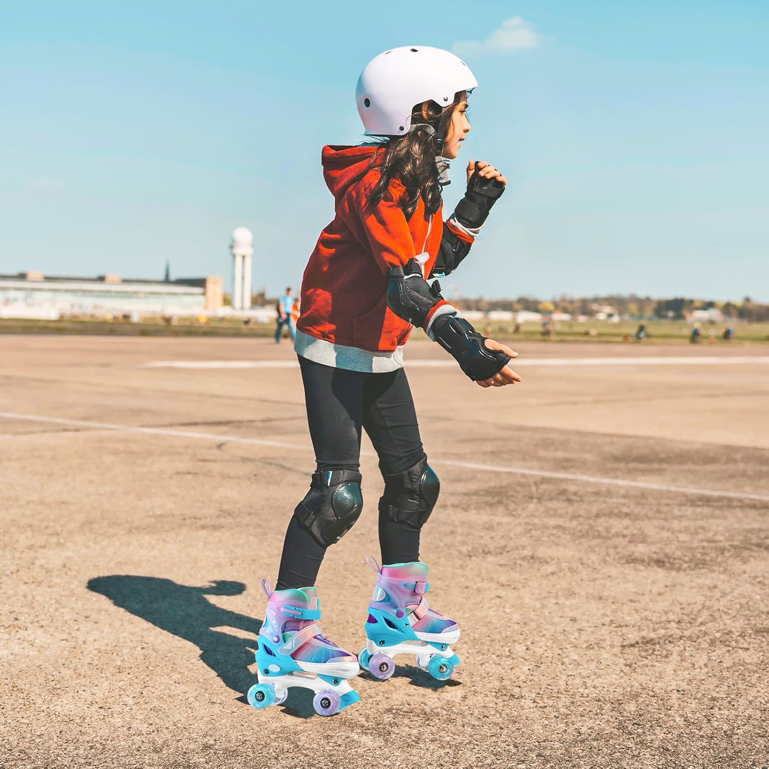 Rainbow Roller Skates for Girls Kids, Gradient Pink Purple 4 Size Adjustable Quad Skates Size XS S, M, L Ages 3-12 with All Light Up Wheels for Kids Youth Outdoor Indoor