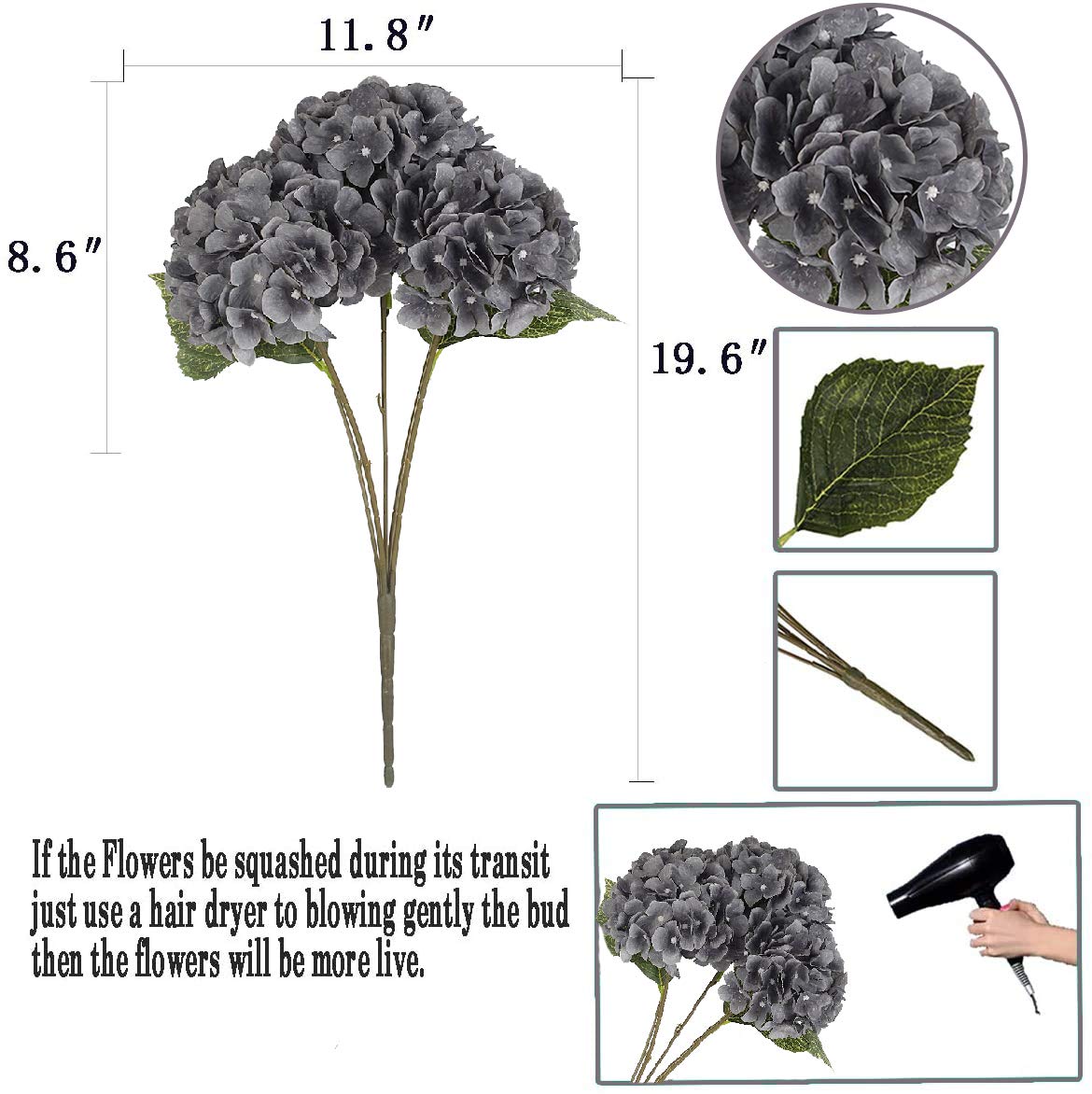 Jim's Cabin Artificial Flowers Silk Hydrangea Flowers with 5 Big Heads Fake Flower Bunch Bouquet for Home Wedding Party Decor DIY(Gray)