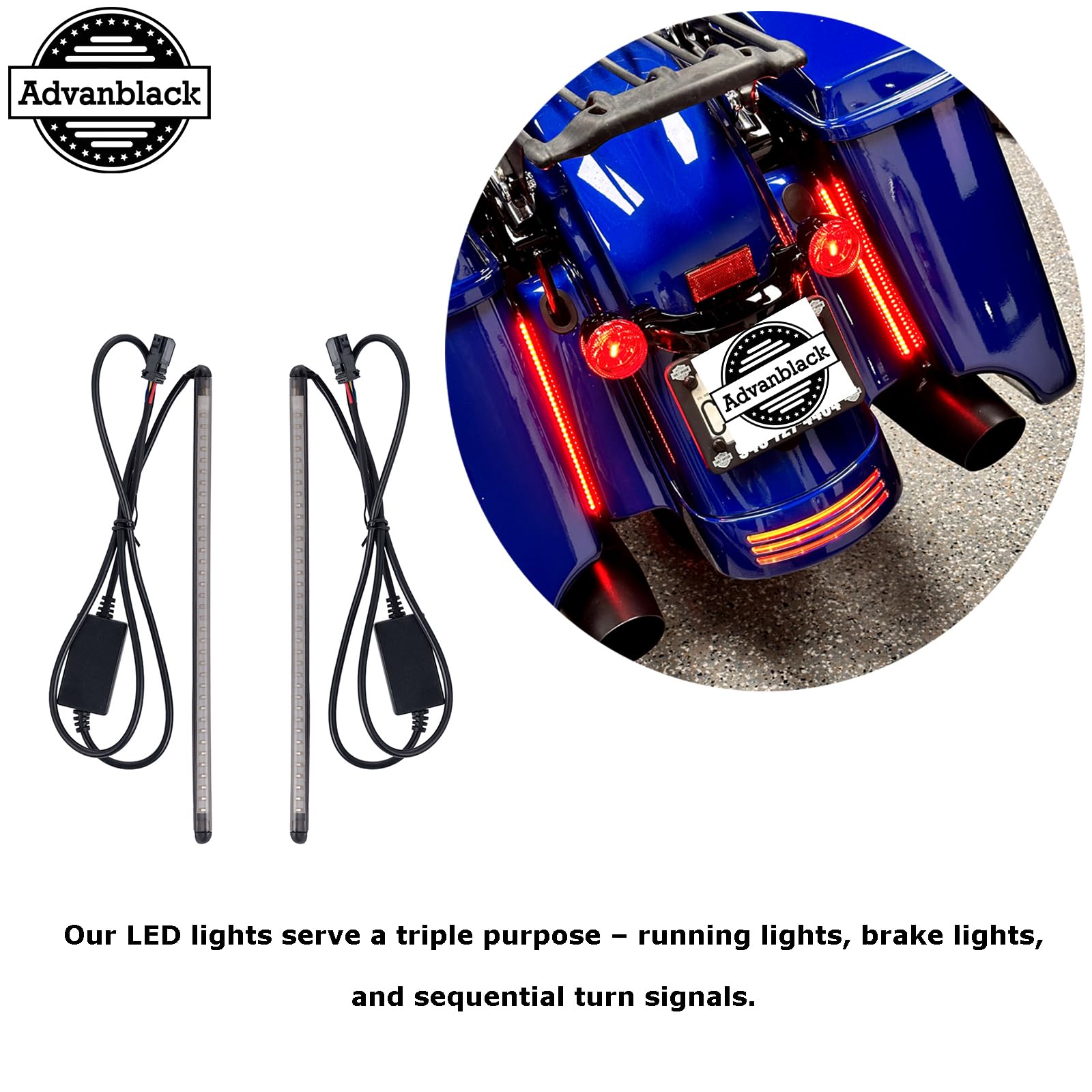 Advanblack PHANTOM LED Filler Lights Rear Fender Tail Light Fit for 2014+ Harley Touring FLH - Running/Brake Sequential Turn Signal