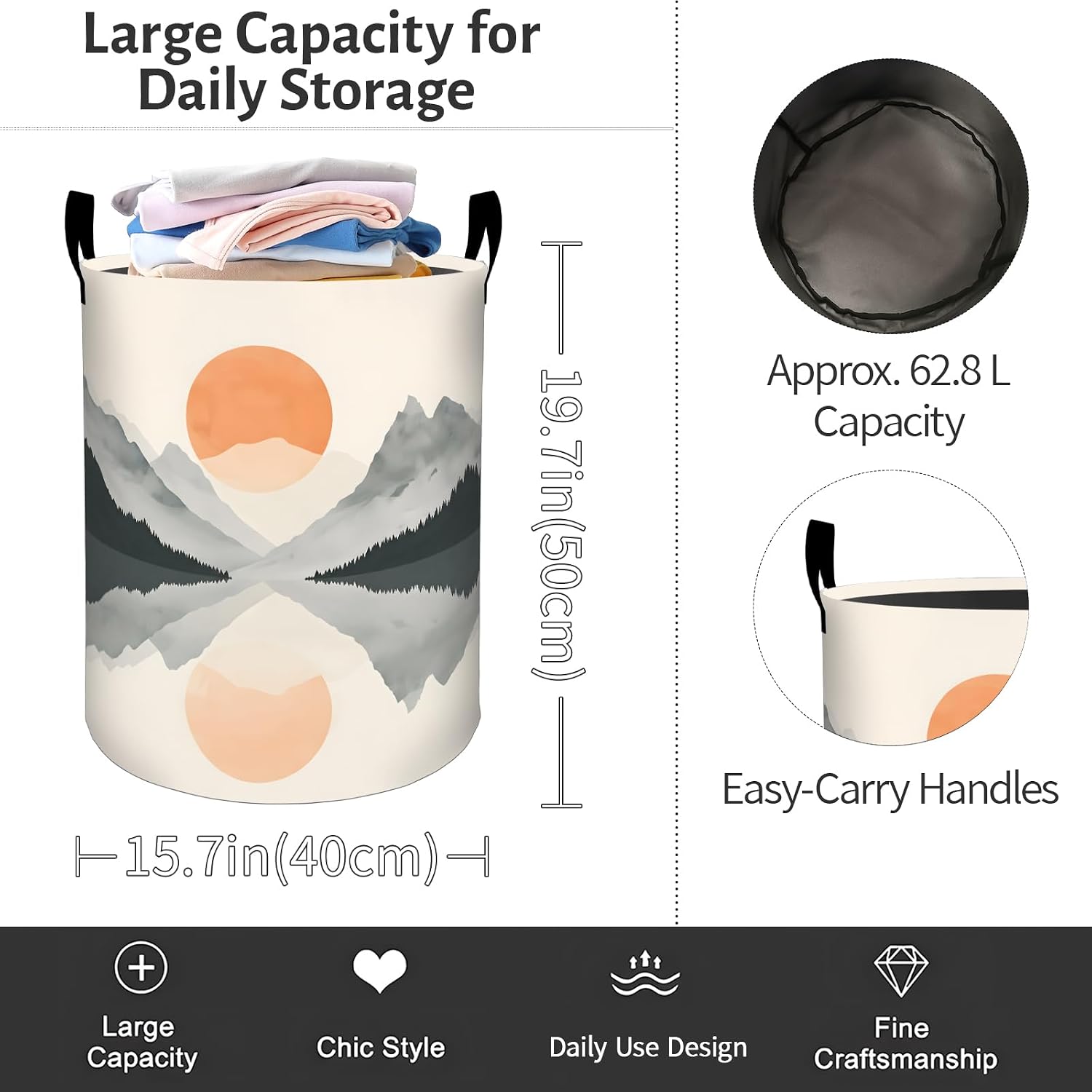 Mountain Lake Sun Laundry Basket, Modern Rustic Foldable Oxford Cloth, Waterproof Dirty Clothes Hamper with Handles, Clothing Storage Bin Toy Organizer for Bedroom Dorm Bathroom, 19.7"x15.7" image 3