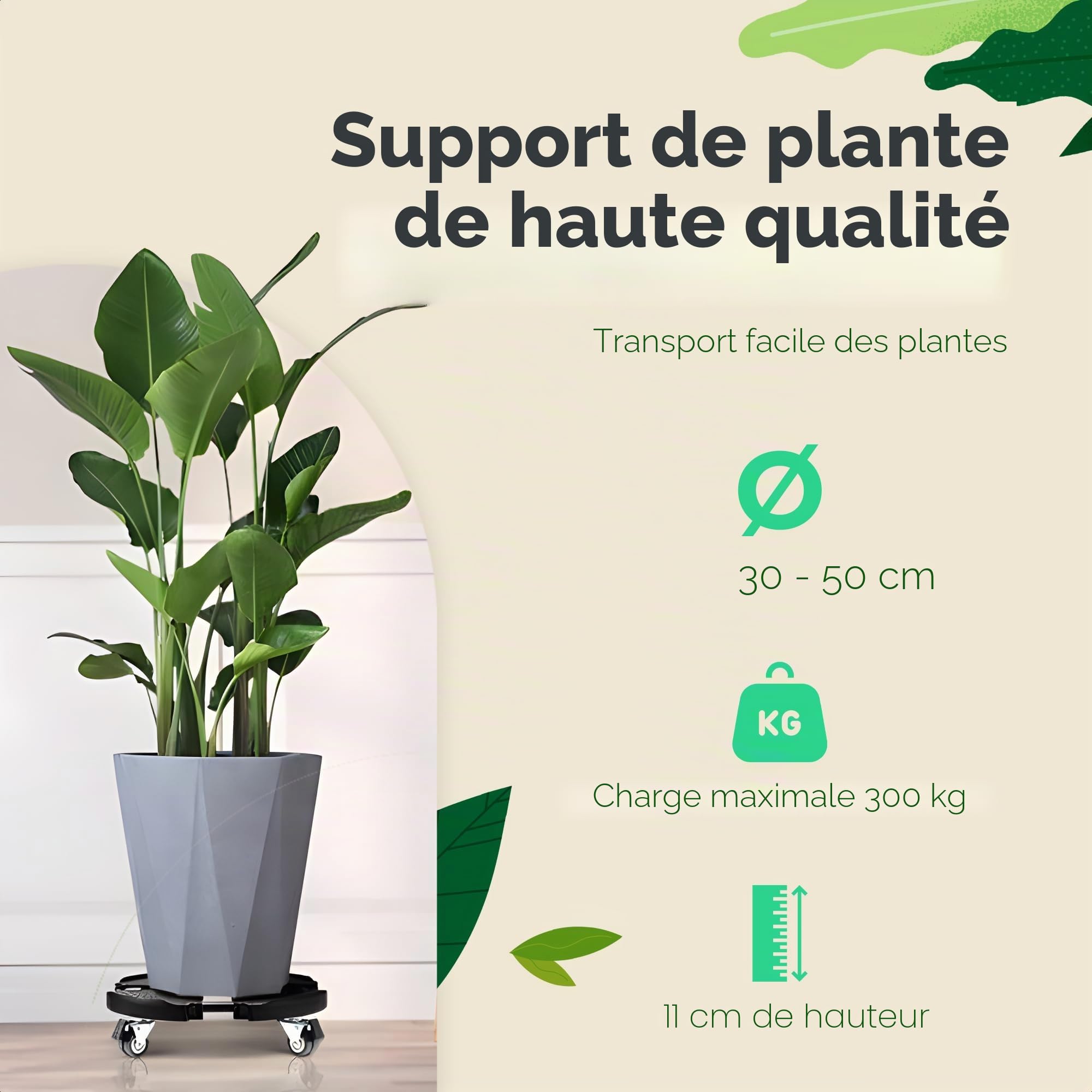 Sunny Tree Chariot pour plantes de qualité supérieure avec roulettes à 360 degrés pour une grande capacité de charge jusqu'à 300 kg, rond, réglable de 30 à 50 cm de diamètre