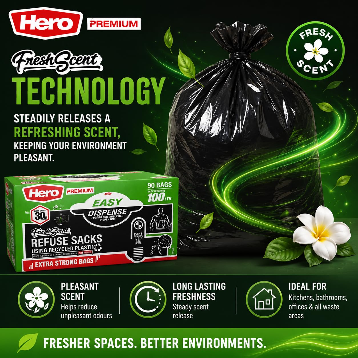 Hero Bolsas de basura perfumadas negras de 100 L, fáciles de dispensar, paquete plano de 90 unidades
