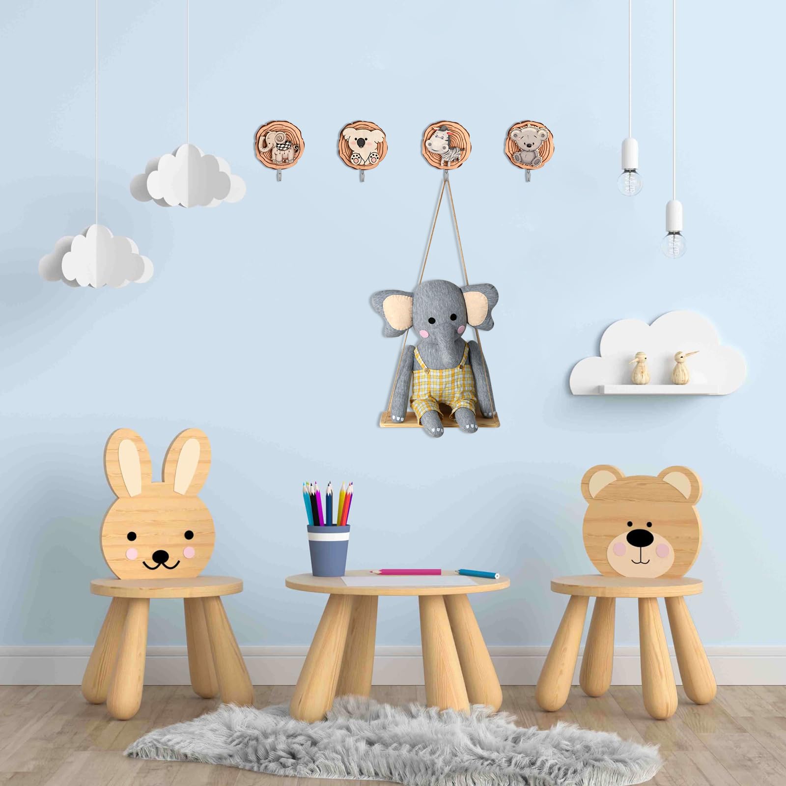 DEKAZIA 4 kledinghaken voor kinderen, blauw, garderobehaken, kindergarderobehaken, wandhaken, kinderkamer, zelfklevende haken, garderobe, kinderhaken, voor aan de muur, zonder boren