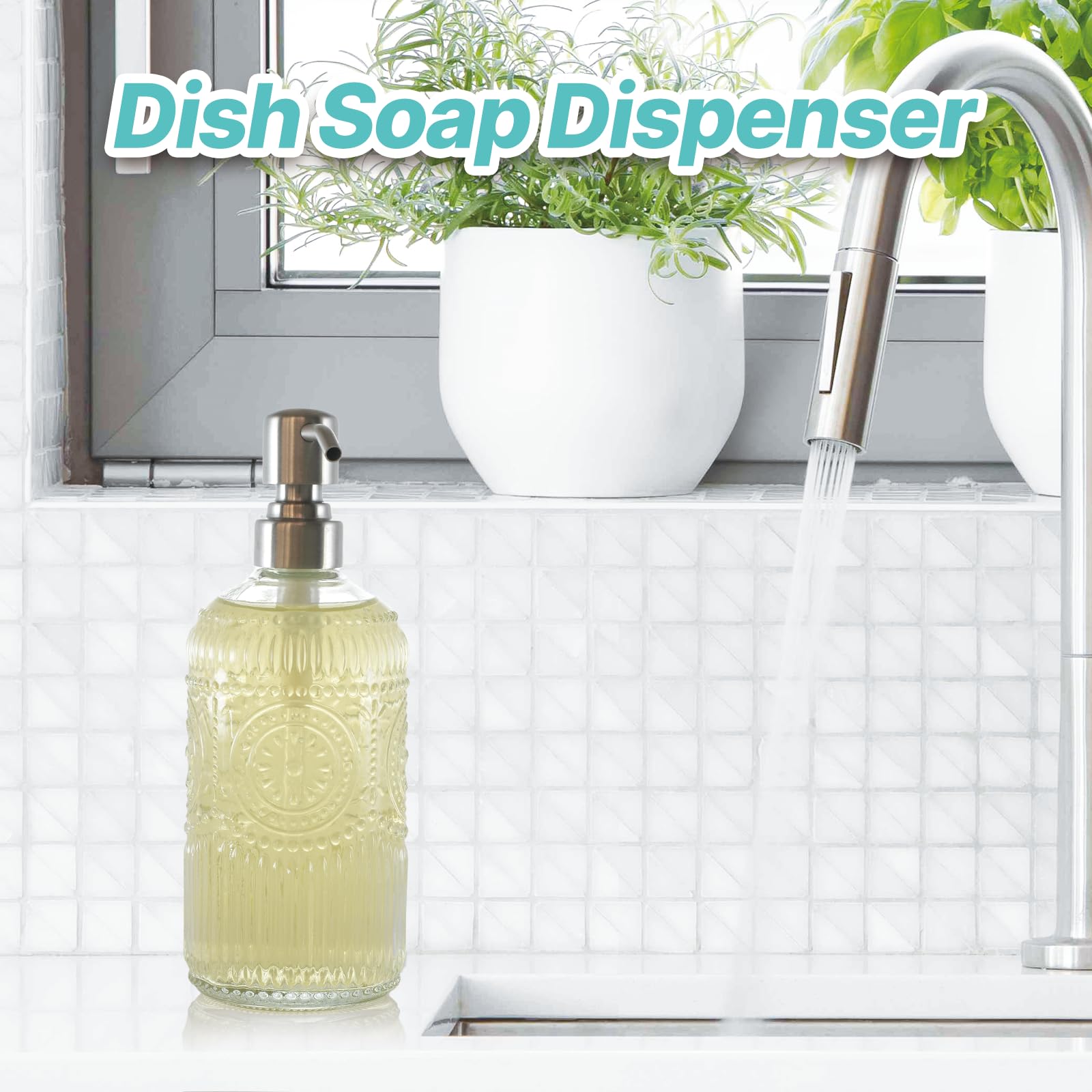Dispenser di sapone in vetro da 500 ml, con pompa in acciaio inossidabile 304, design elegante, per cucina e bagno, ricaricabile, dispenser di sapone liquido per le mani, bottiglia per sapone