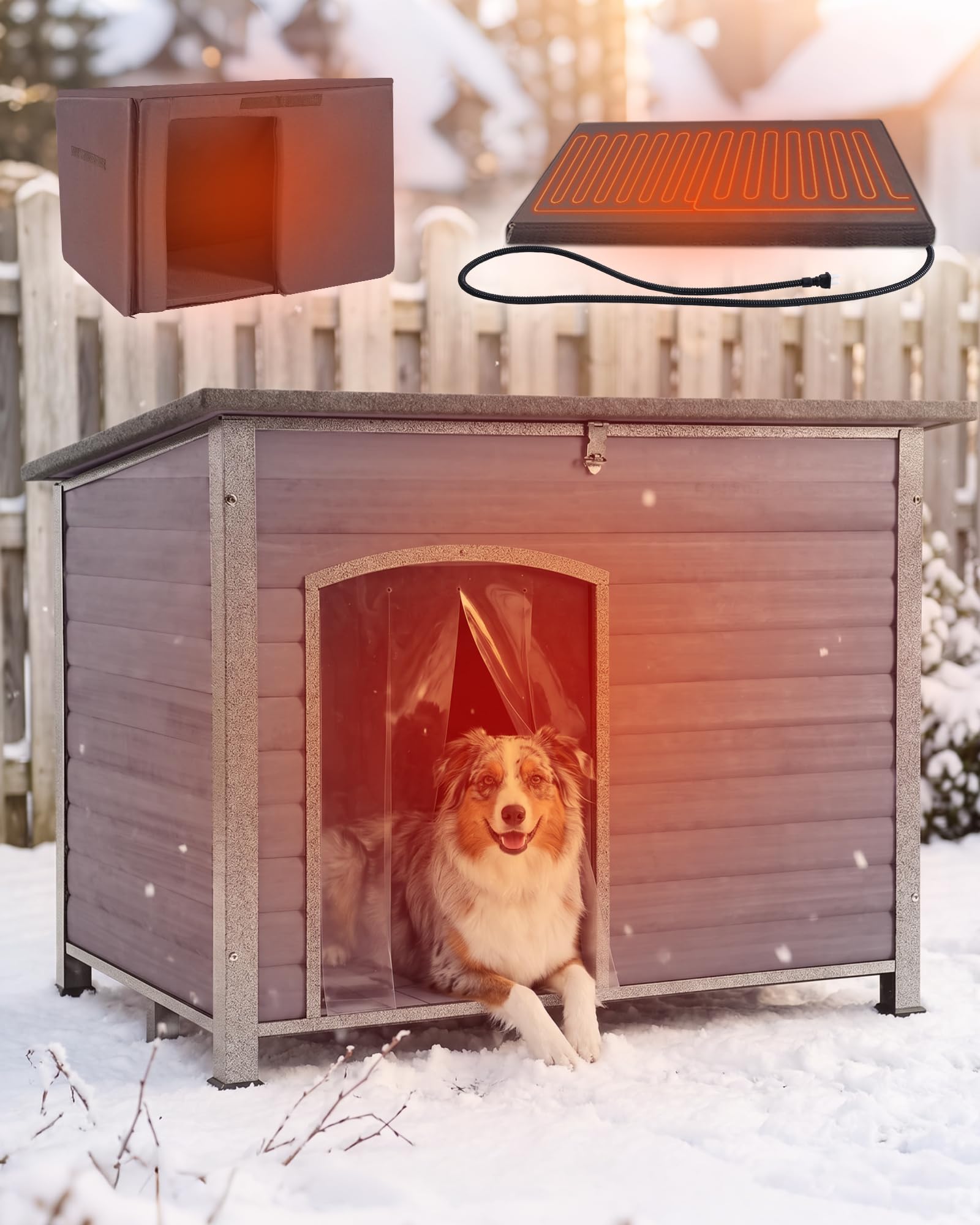 Suumerpety Feral Dog House Outdoor,Anti Bite Iron Frame Dog Kennel,Wood Warm Pets Home,Insulated Weatherproof Outside Shelter for Feral Animal (43.3" (L) x 29.4" (W) x 33.4" (H)-Grey-in)