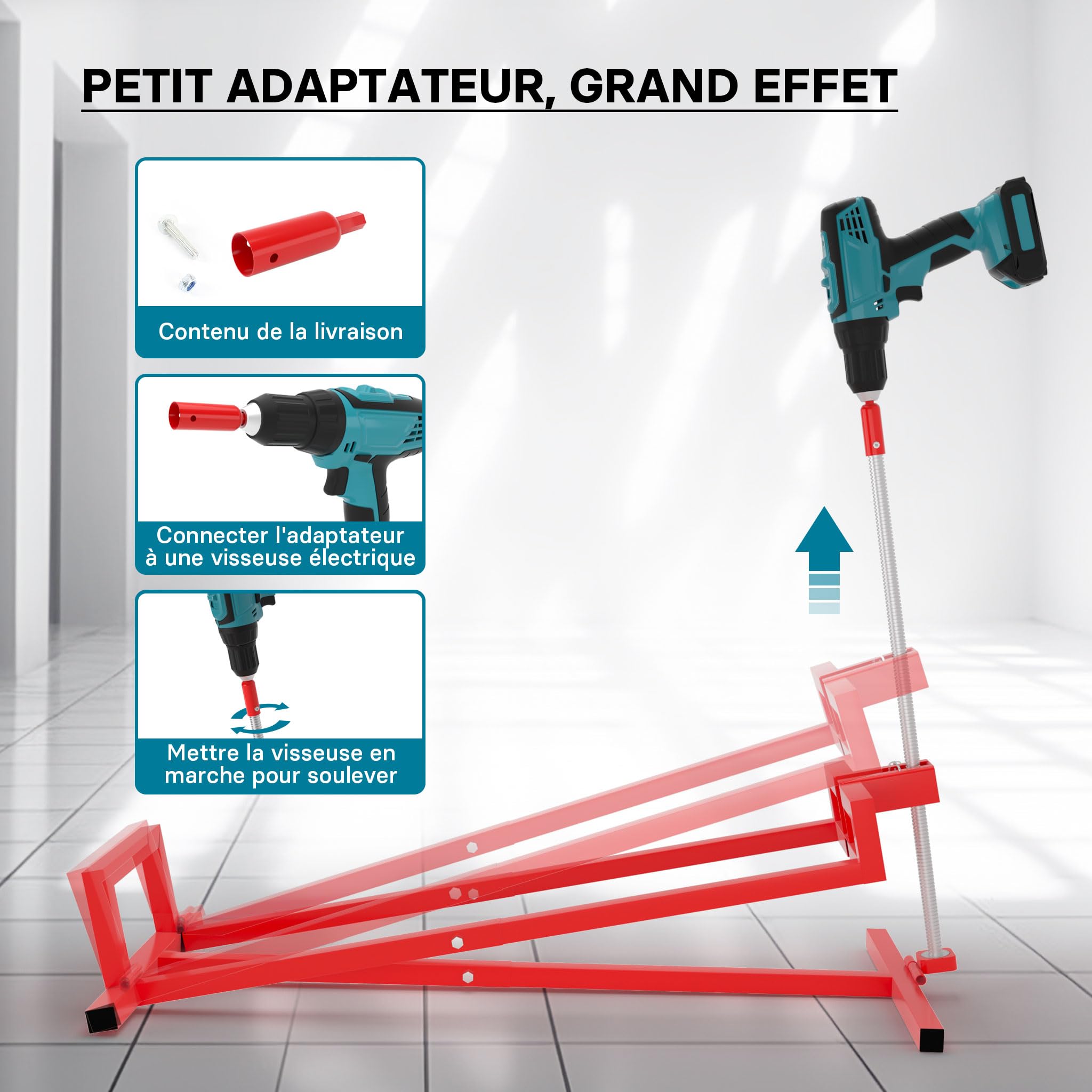 Wiltec Kit Cric lève Tracteur Tondeuse avec Adaptateur pour Visseuse sans Fil – 400 kg Max. – Acier – Mowerlifter Outillage de Mecanicien Treuil Palan Nettoyage Facile