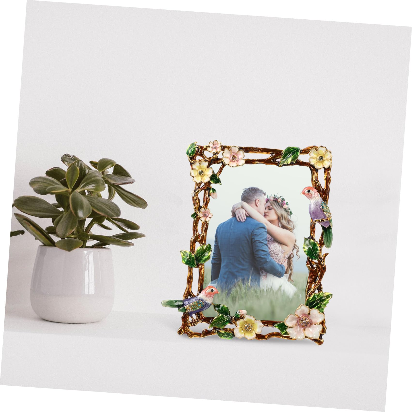 Europäischer Zinklegierungs Fotorahmen mit Emaille Blumen und Vogelmotiv Sicher und Langlebig als Dekoration für Küche und Schlafzimmer