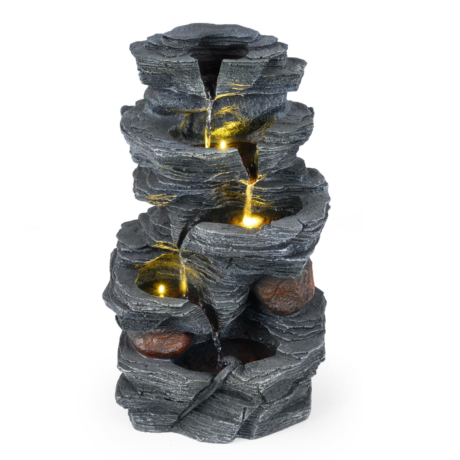 COSTWAY Fontana da Giardino, Fontanella Elettrica da Tavolo con Luci LED | Fontana Cascata in Resina a 5 Livelli con Flusso d'Acqua Regolabile e Pompa, da Interno ed Esterno per Terrazzo e Cortile