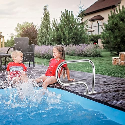 Miniatura 5 de VINGLI Barandilla de mano para piscina, escalera de piscina de acero inoxidable de 3 curvas, pasamanos dobles para piscina enterrada con placa de