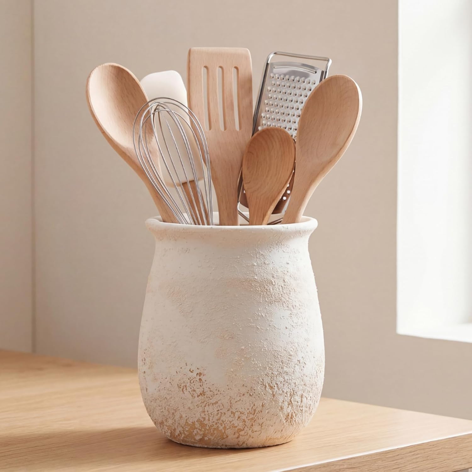 Qinyoung Rustic Kitchen Utensil Holder 6.5 Inch Beige Ceramic Utensil Holder Vintage Crock Decoration Spatula Organizer for Kitchen Countertop Farmhouse Party Supplies