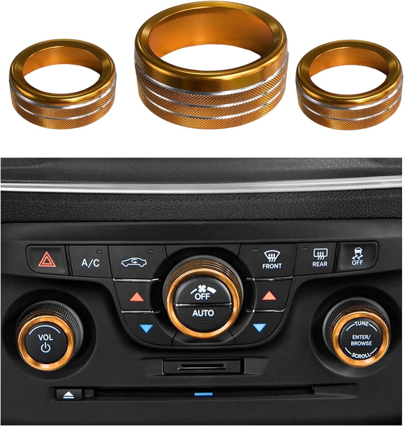 3PCS Air Conditioner Switch Button Knob Cover, Aluminum Alloy A/C Decal Trim Rings Compatible with Dodge Challenger Durango 2015-2022, Auto Interior Decor Accessories (Golden)