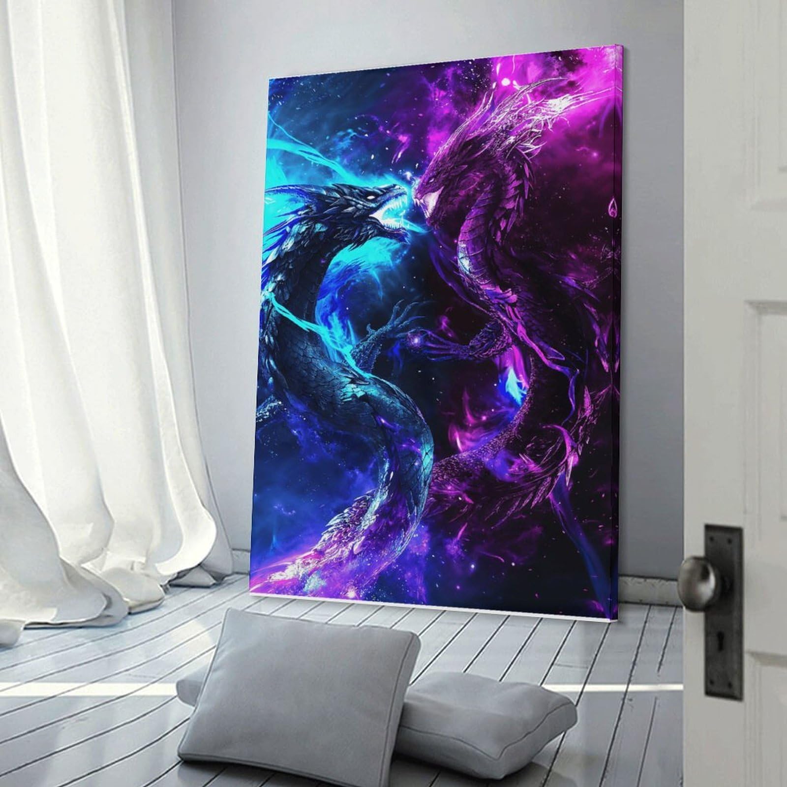Junmoney Frame-Style-12 Fantasy Dragon Battle Artwork Home Decor Wall Art 24X36inch(60X90cm), For Lounge, Study, Hallway Or Flat Walls, Stylish Home Artwork For Focal Walls