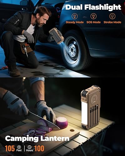 Vista 5 de BLAVOR Banco de energía solar con manivela y 4 cables, cargador portátil inalámbrico de 74000 mWh con USB C y luz de campamento, batería de carga