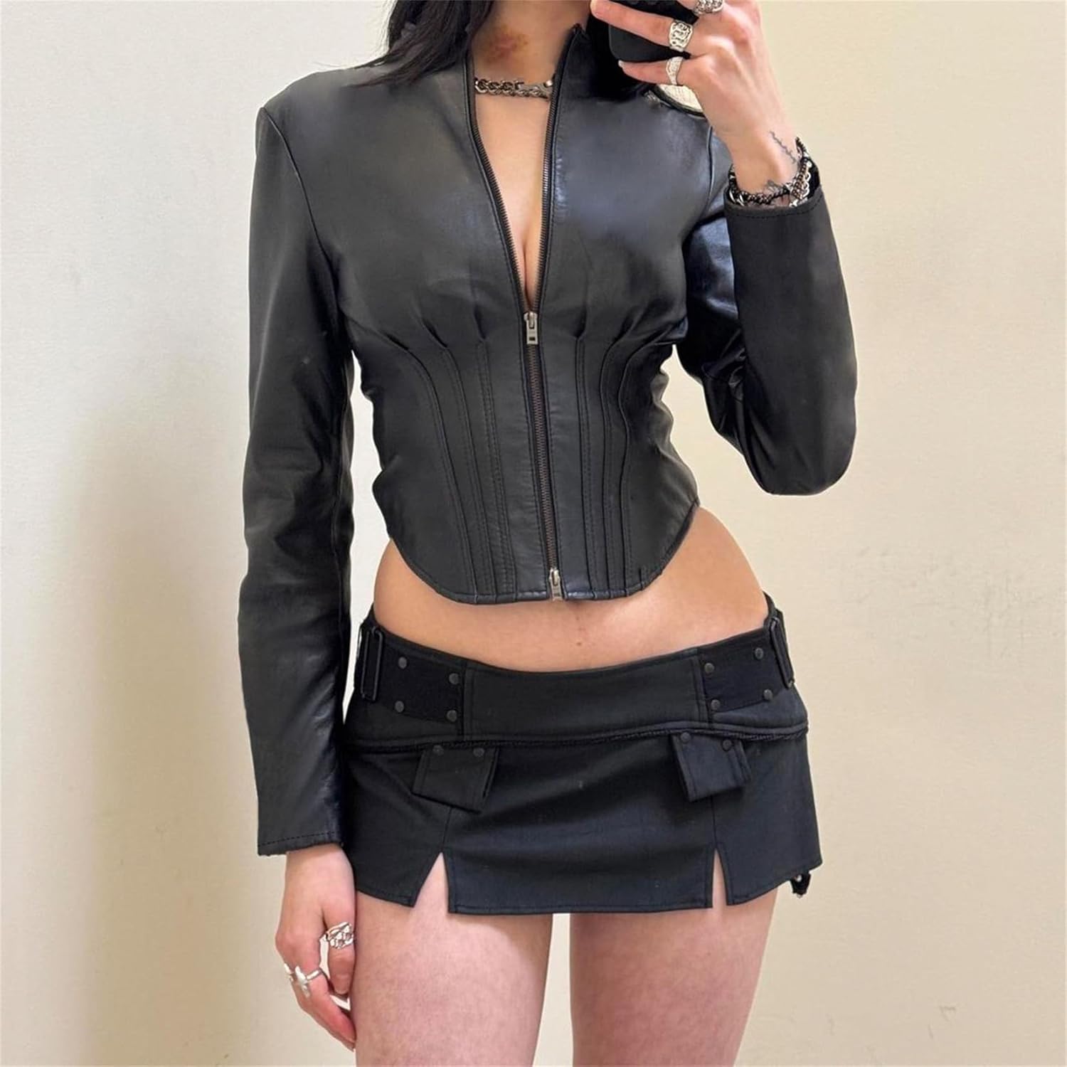 Women Rave Leather Long Sleeve Crop Jacket - Goth Zip up Mock Neck Trendy Motorcycle Going Out - Image 4