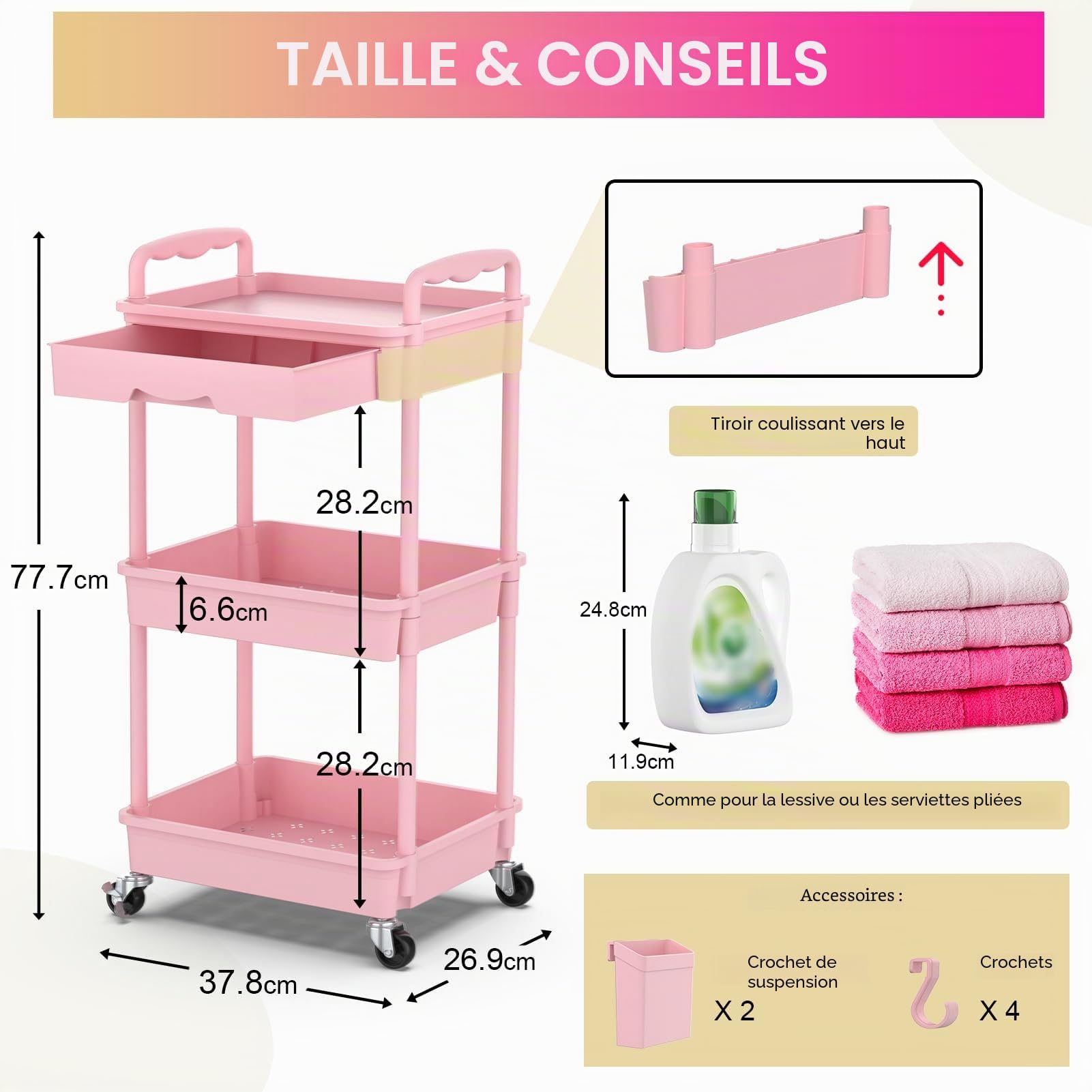 Yeabett Chariot de rangement à 3 niveaux, chariot utilitaire sur roulettes avec tiroir pour cuisine, salle de bain, bureau, salon, rose