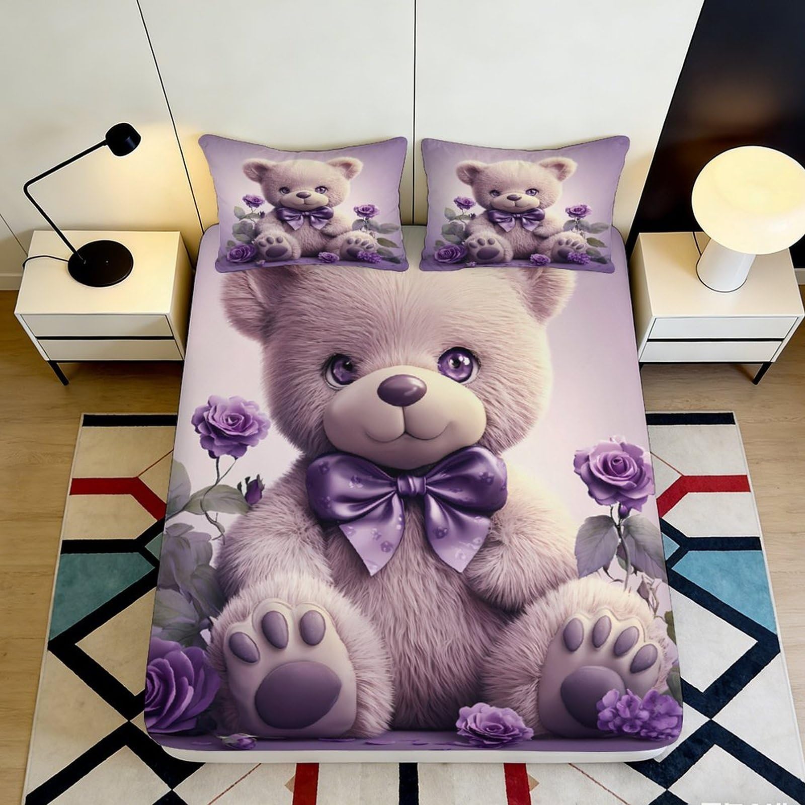Jqzkxnhpbr Style-6 3D Printed Purple Teddy Bear Fitted Sheet Microfiber Soft Anti-Slip Mattress Cover For Bedroom Dorm Decorative Gift 90X200x25cm