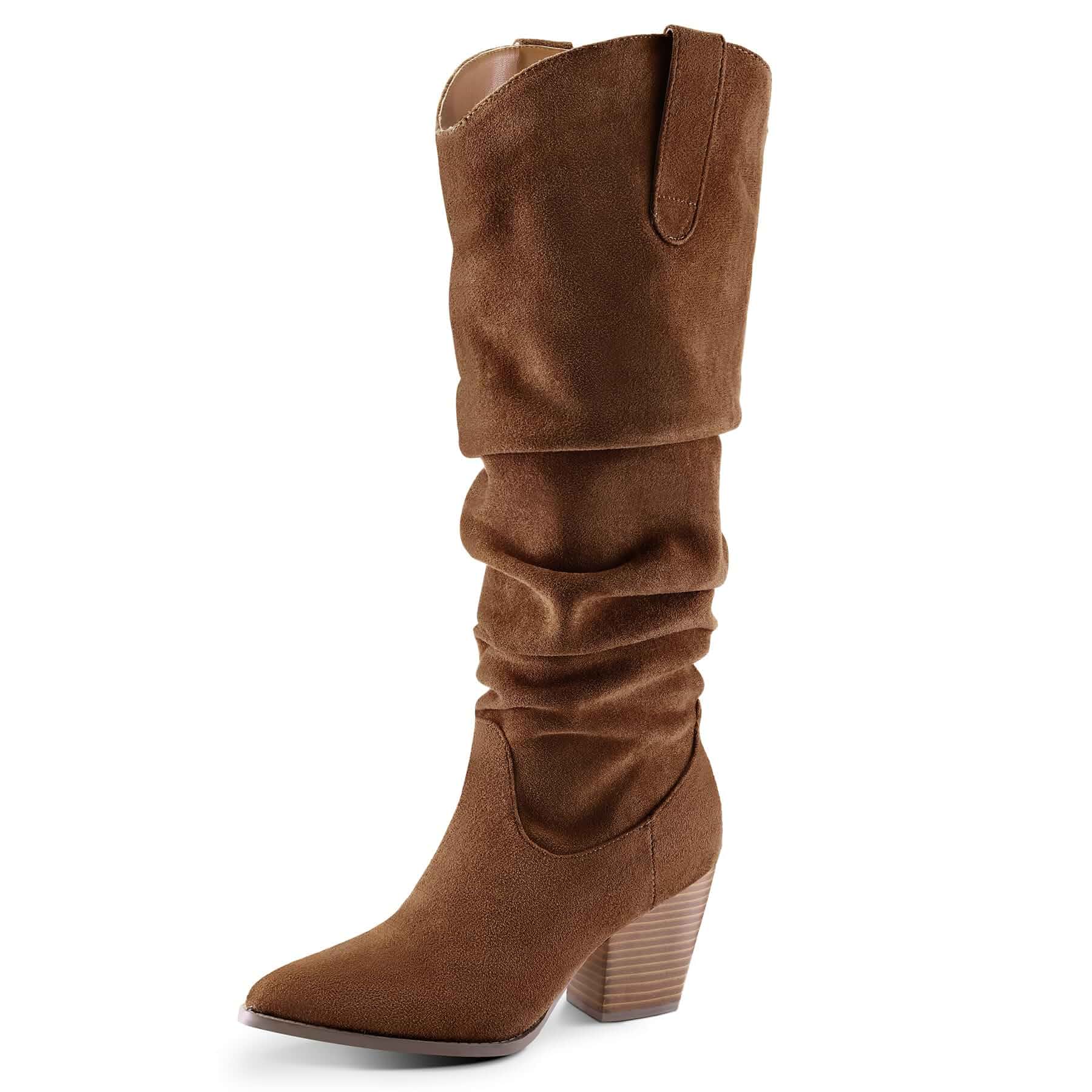 mysoft Women's Knee High Boots Slouchy Pointed Toe Cowboy Western Boots Cowgirl,Tall Boots,Comfortable Chunky Block Heel,Pull On,Side Zipper,Suede,Rubber,Dresses,Jeans,Leggings,Fall Winter,Retro