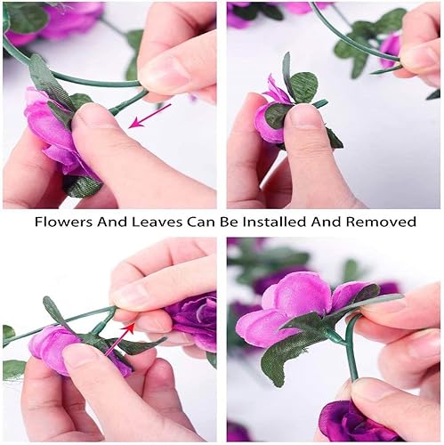 Miniatura 5 de WEISPARK Flores falsas  4 plantas artificiales de vid de rosas colgantes de hiedra rosa para el hogar, hotel, oficina, boda, fiesta, jardín,