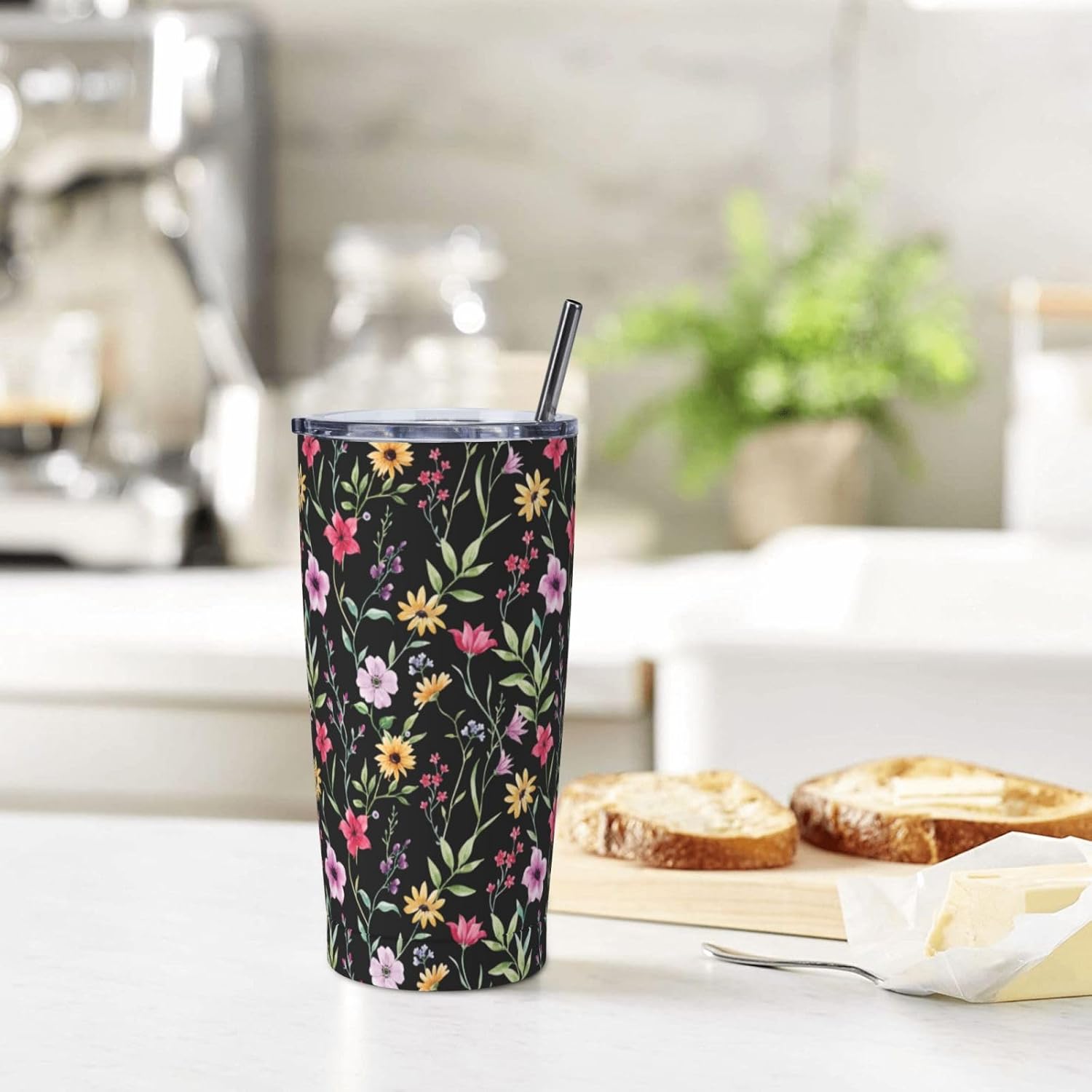 Beautiful Colorful Flowers Tumbler, Black Floral 20oz Stainless Steel Insulated Travel Tumblers,Travel Coffee Mug with Lid and Straw Cups Gifts for Women Men - Image 7