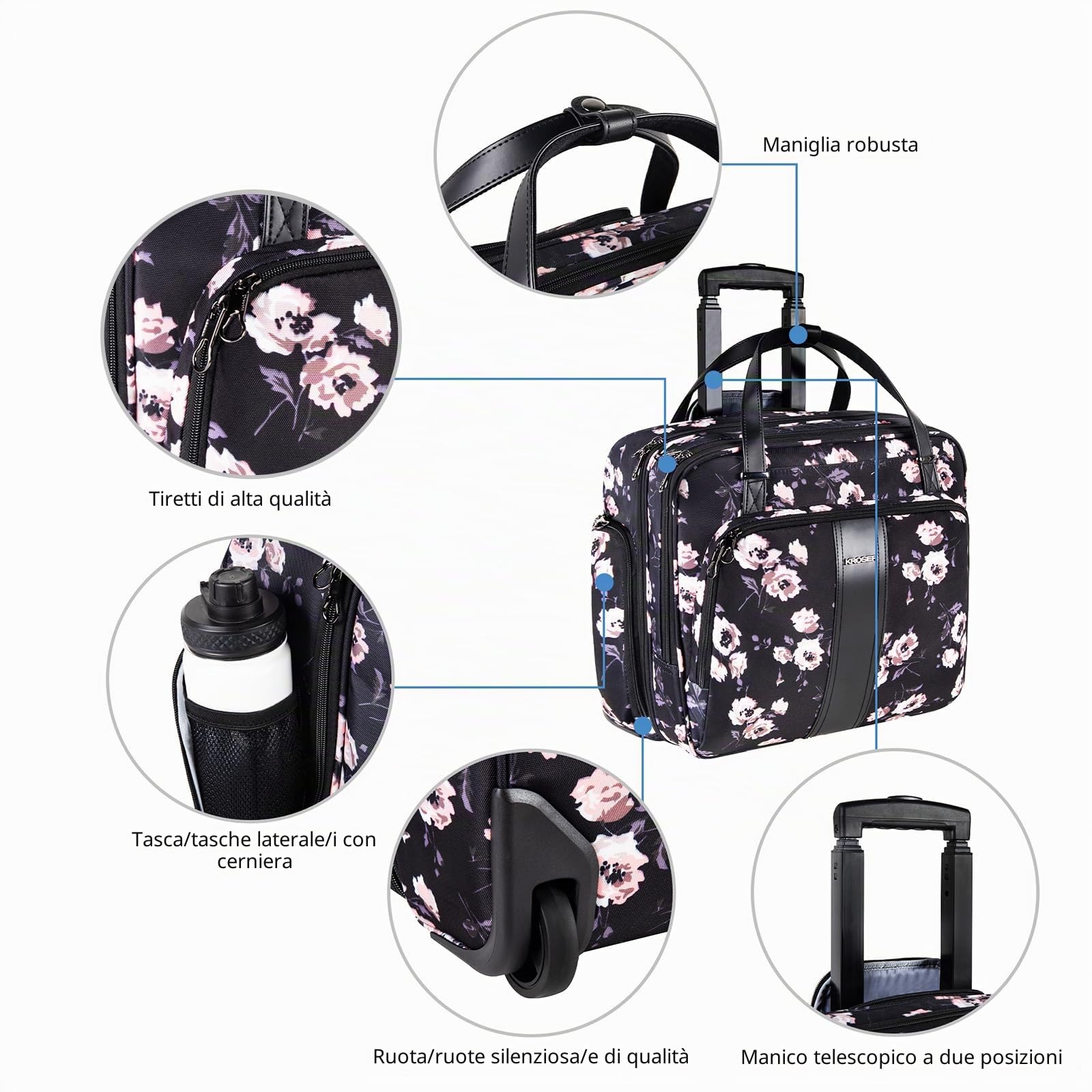 KROSER Trolley Business Laptop Case Borsa per computer portatile con ruote fino a 15,6 pollici, impermeabile, con tasche RFID per viaggio/scuola/uomo/donna