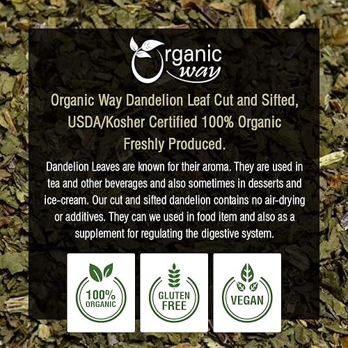 Miniatura 4 de Organic Way Hoja de diente de león (Taraxacum Officinale) cortada y tamizada - Té de hierbas  Cosecha silvestre europea  Certificado Kosher y USDA