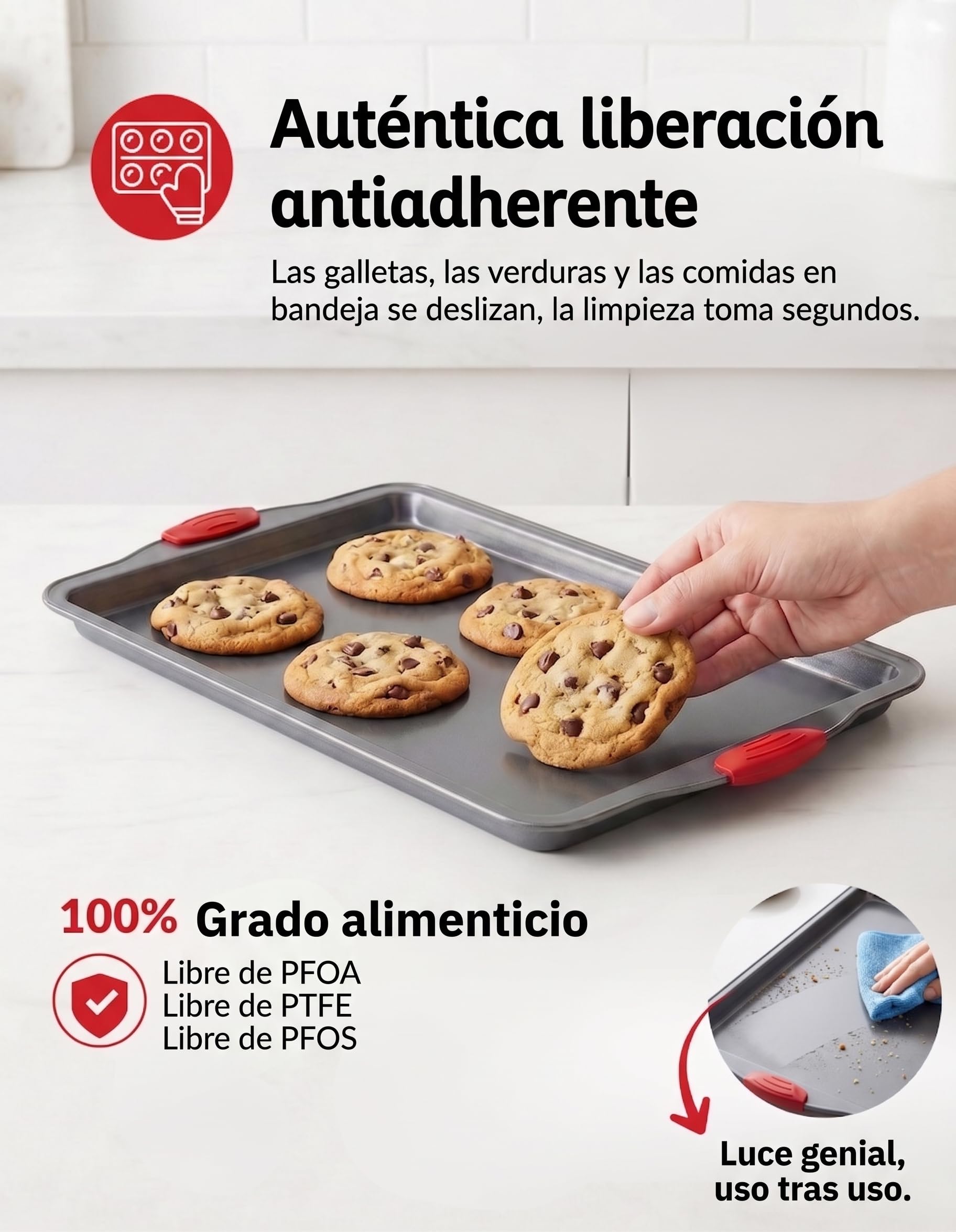 Bandejas Horno Antiadherentes Juego 3 Piezas - Bandejas de Horno para Hornear de Acero al Carbono Resistentes a Deformaciones y Óxido, Sin PFOA, con Asas de Silicona, Aptas para Lavavajillas