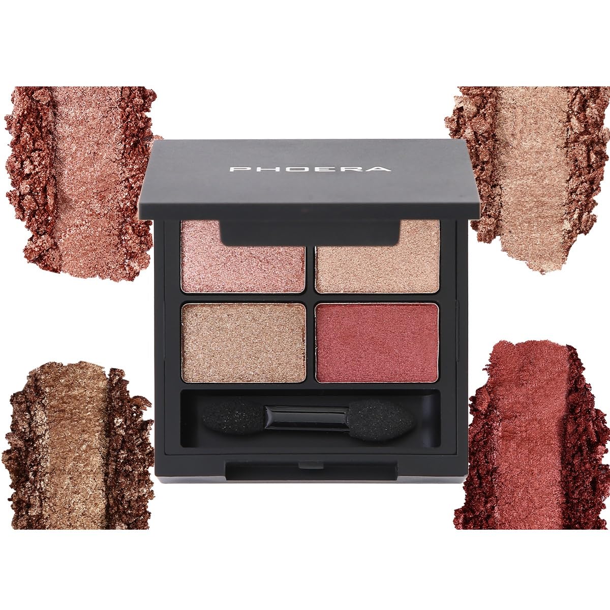 PHOERA 4-in-1 Ultimate Shadow Palette, 4 Sparkling Shades (Rose, Champagne, Gold, Rust Red), for Highlight Contour