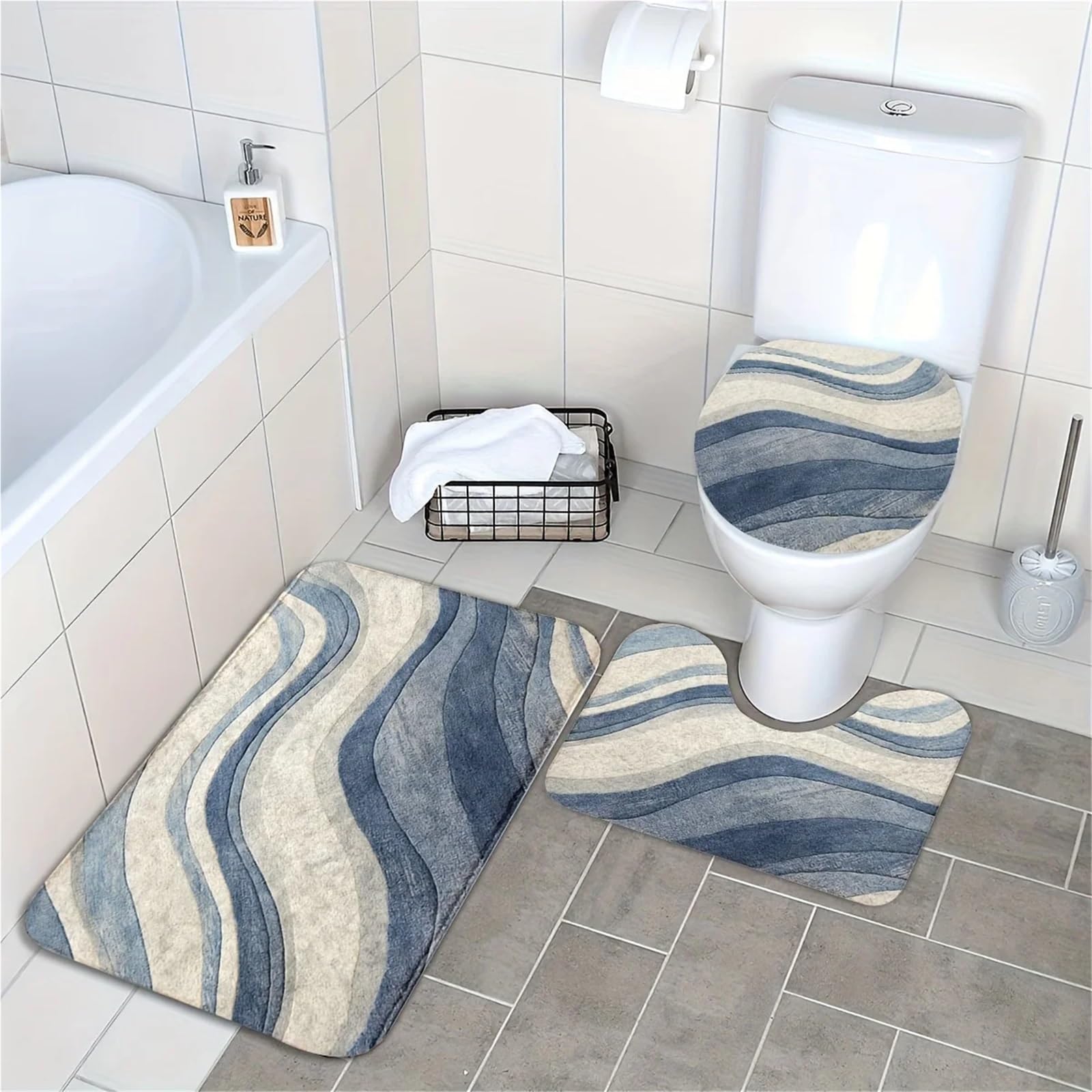 Ensemble de Tapis de Bain Tapis de Sol Salle Bain Moderne et Simple (3 pièces) - Imperméable antidérapant Motif ondulé Bleu Blanc