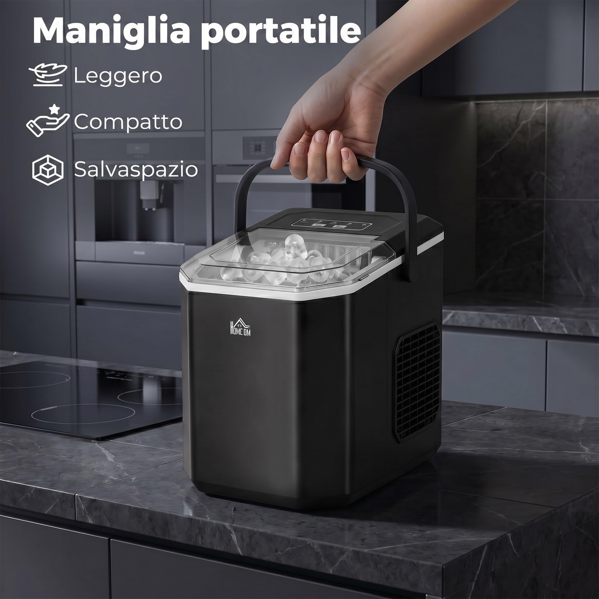 HOMCOM Macchina del Ghiaccio Autopulente 12kg/24h, 9 Cubetti in 6-13 Minuti con Cesto e Paletta, Macchina per il Ghiaccio in PP e Rame, 22.2x29.4x29 cm, Nera