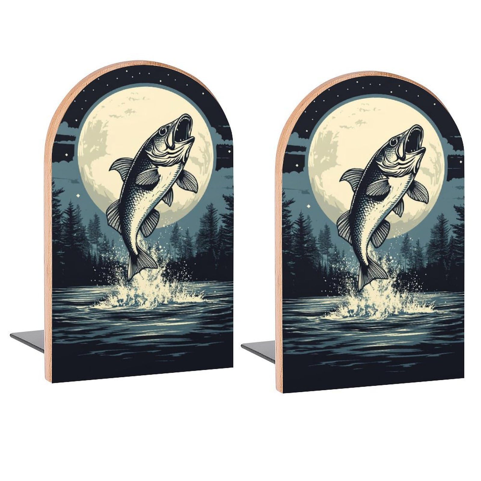 Jumping Fish Moon Lake Book Ends Decorative Wood Bookends for Shelves Kids Room Desk Home Office Book Stoppers for Magazines,Books DVDs 1 Pair 2 Pieces(5x3.1 in)
