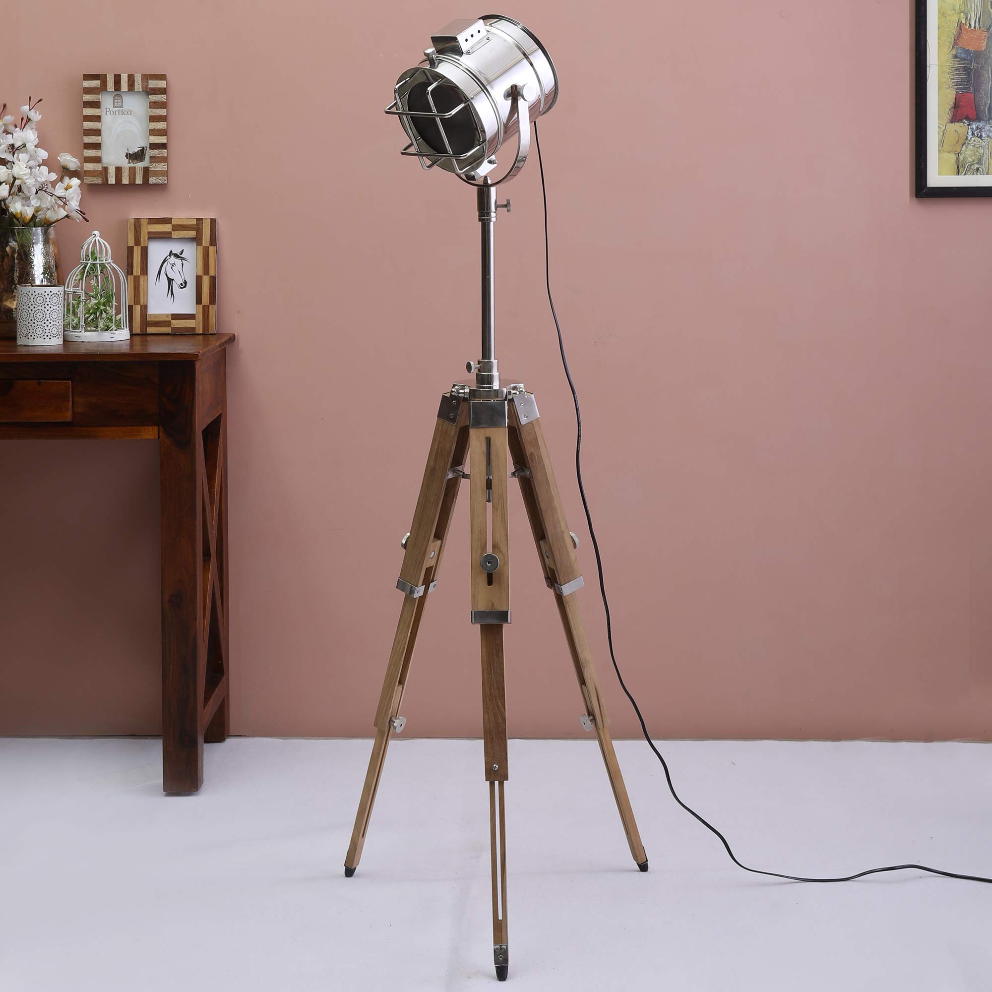 BEVERLY STUDIO Wood Tripod Floor Lamp, Beige