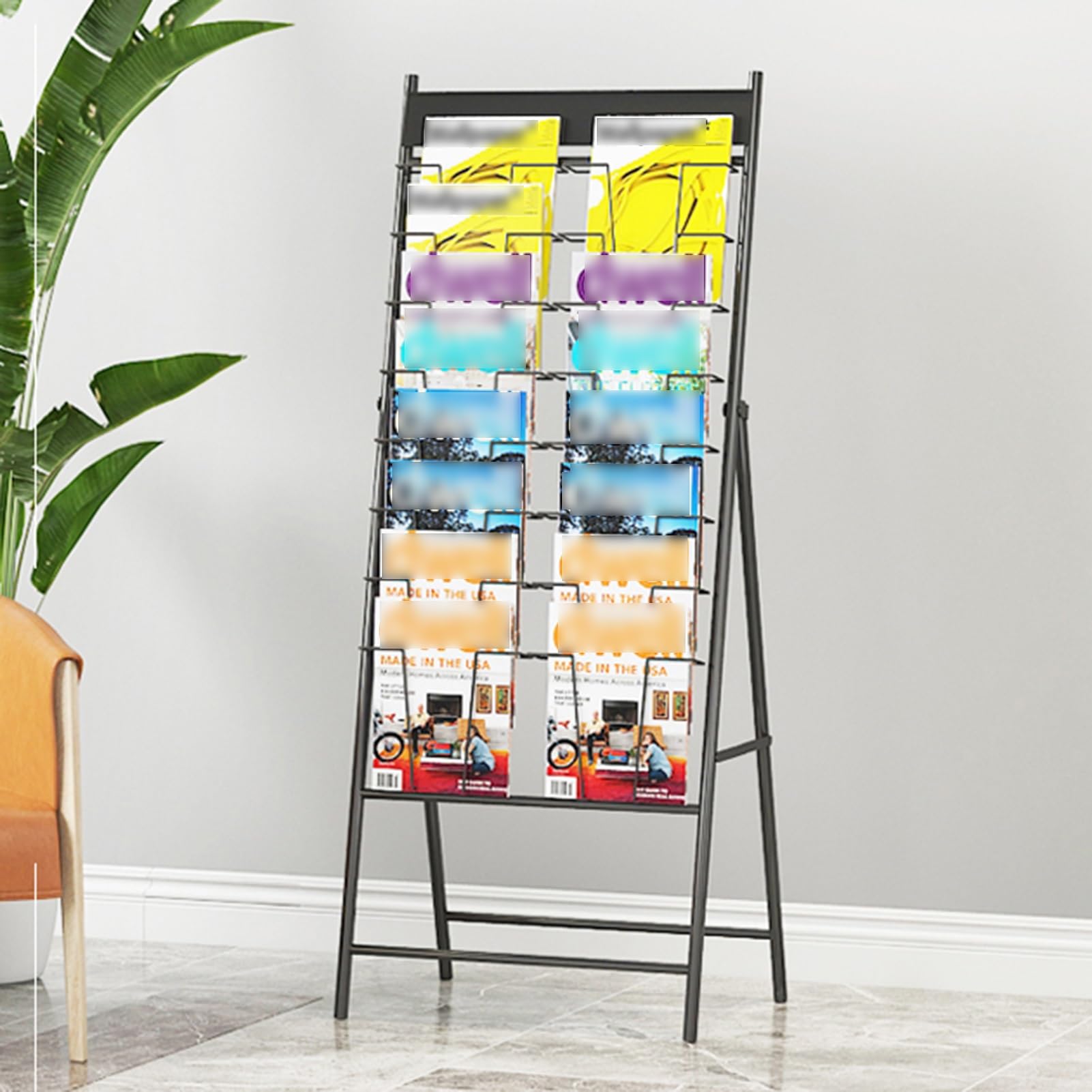 Porte-revues pliable sur pied, support de littérature, présentoir de brochures avec cadre en fil épais de 4 mm, pour bureau, salons professionnels, expositions, magasin de détail (Black 59x133cm)