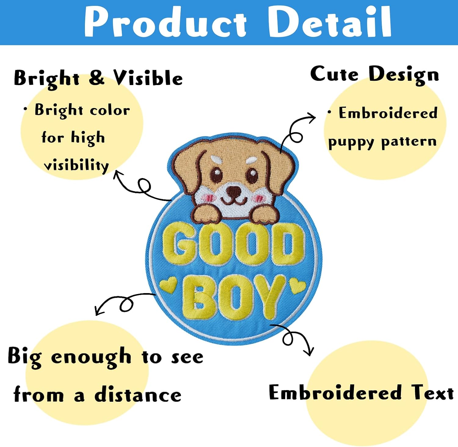 Large Dog Patches for Leash - Good Boy, Funny Double Sided Embroidered Harness Patch, Cute Removable Hook and Loop Pet Accessory (4.25''×3.54'', Blue) image 5