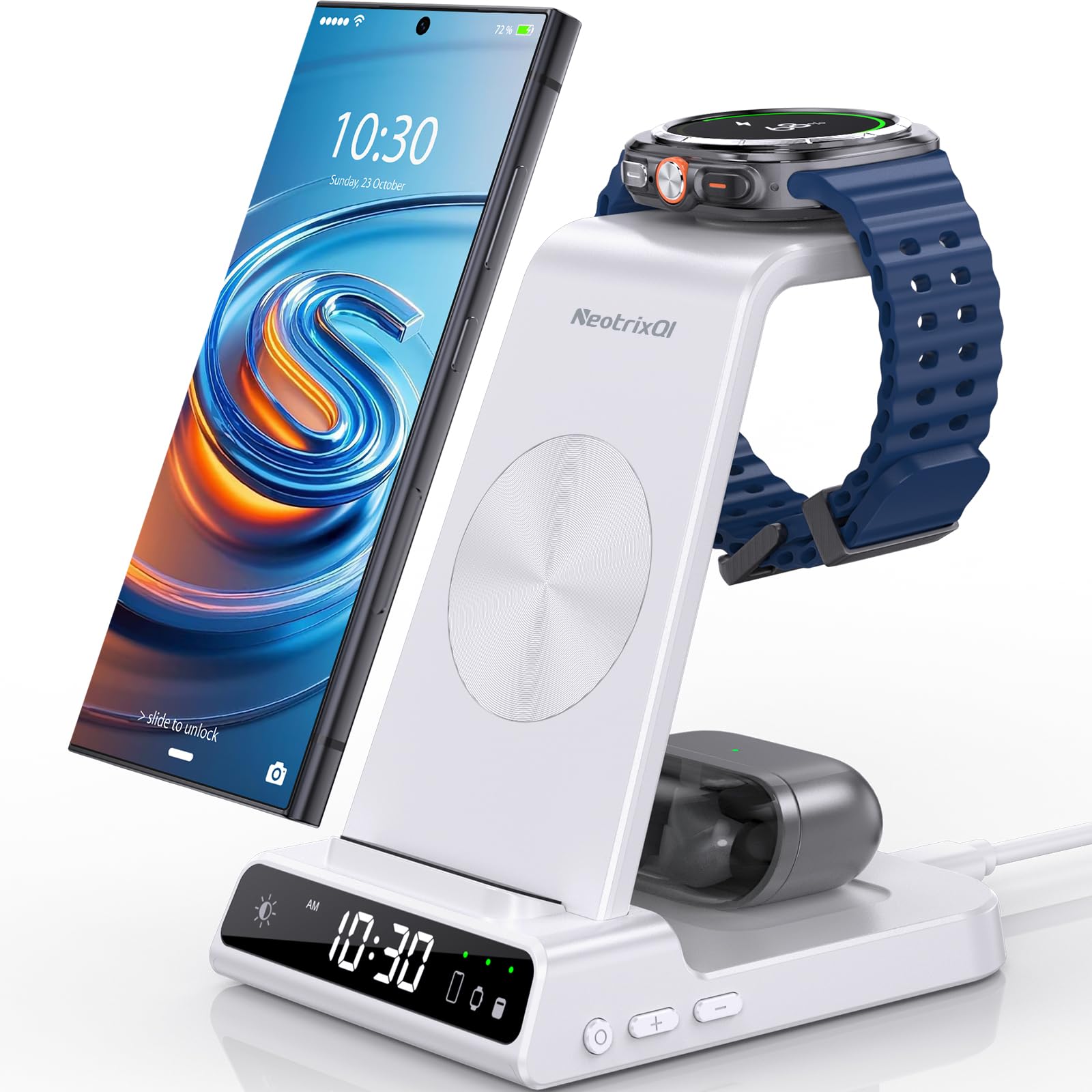 Caricatore Wireless Con Orologio Digitale per Samsung Galaxy S25 Ultra, Stazione di Ricarica Wireless per Galaxy Watch Ultra 8/7/6, Caricatore Wireless per S24 Ultra Z Fold 6/Z Flip 6,Galaxy Buds 2