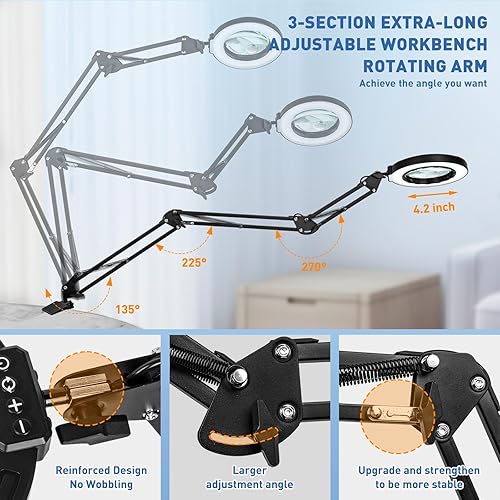 Miniatura 4 de HITTI Ultra Larga Lupa de 12X & 30X con Luz y Abrazadera, Lámpara de Escritorio con 5 Modos de Color y Atenuación Sin Escalas, Lámpara de Brazo